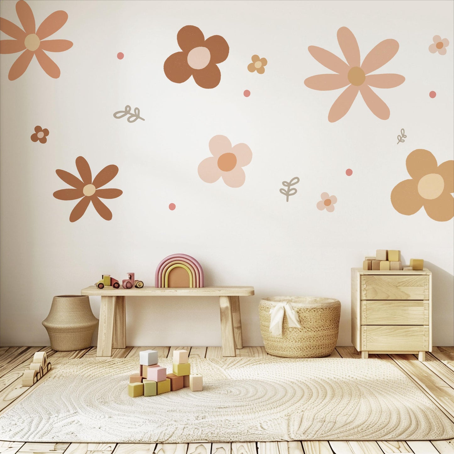 Boho Flower Wall Stickers Nursery Decor | Neutral Floral Wall Decals | Retro Daisy Nursery Stickers | Peel and Stick Kids Room Decor