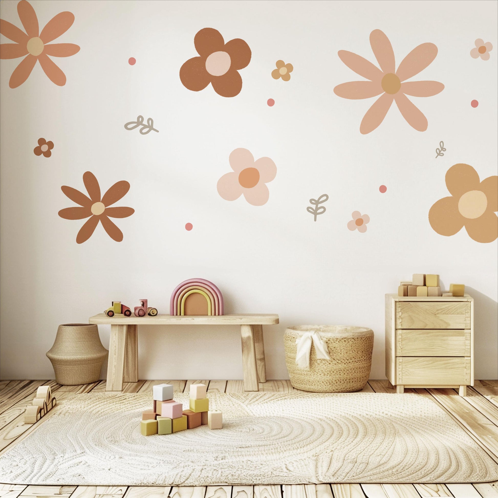 Boho Flower Wall Stickers Nursery Decor | Neutral Floral Wall Decals | Retro Daisy Nursery Stickers | Peel and Stick Kids Room Decor