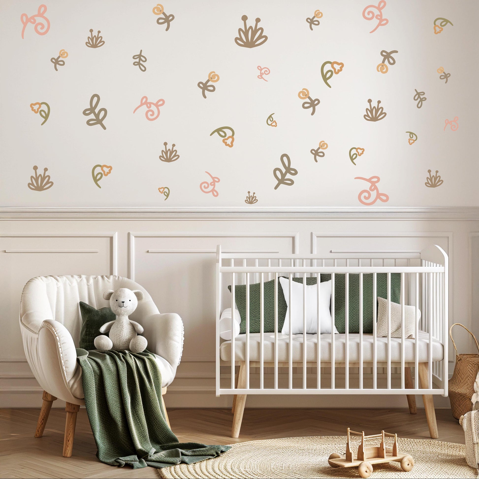 Boho Floral Wall Decals for Nursery, Neutral Flower Wall Stickers, Peel and Stick Girls Bedroom Decor, Kids Room Decals