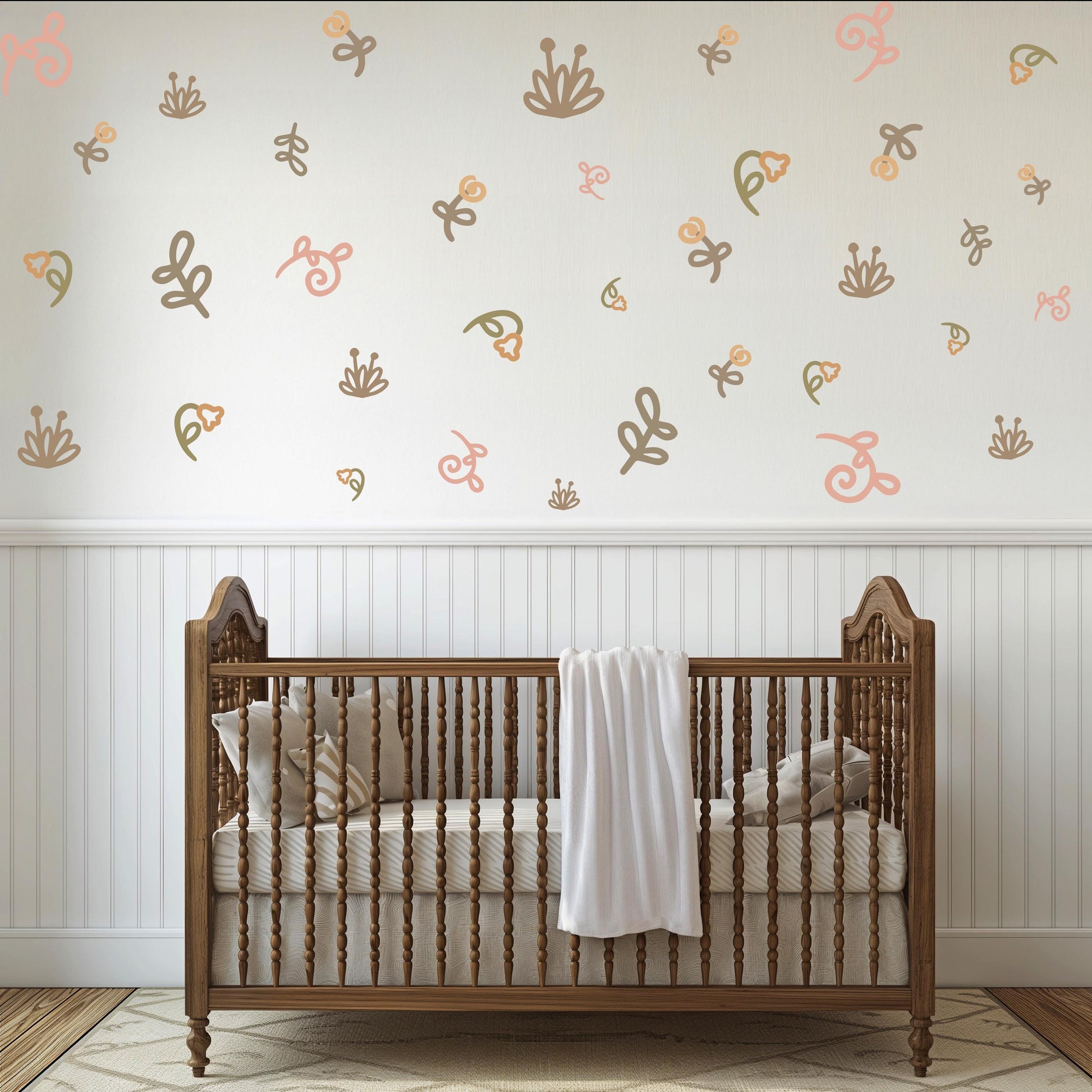 Boho Floral Wall Decals for Nursery, Neutral Flower Wall Stickers, Peel and Stick Girls Bedroom Decor, Kids Room Decals