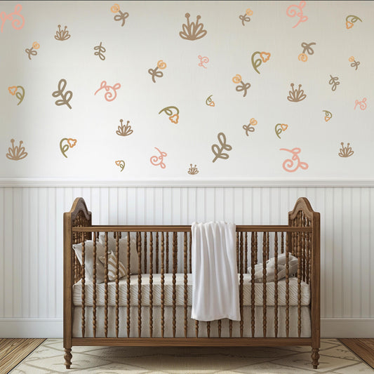 Boho Floral Wall Decals for Nursery, Neutral Flower Wall Stickers, Peel and Stick Girls Bedroom Decor, Kids Room Decals
