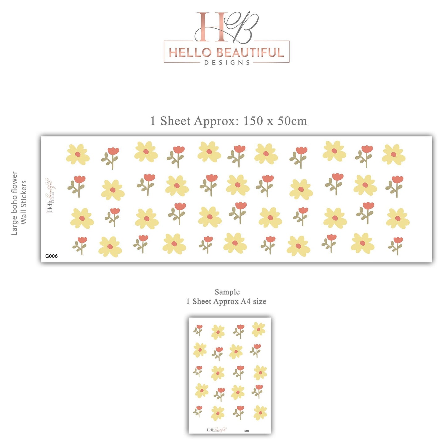 Yellow Flower Wall Decals for Nursery, Boho Floral Wall Stickers, Neutral Girls Bedroom Decor, Peel and Stick Nursery Decals