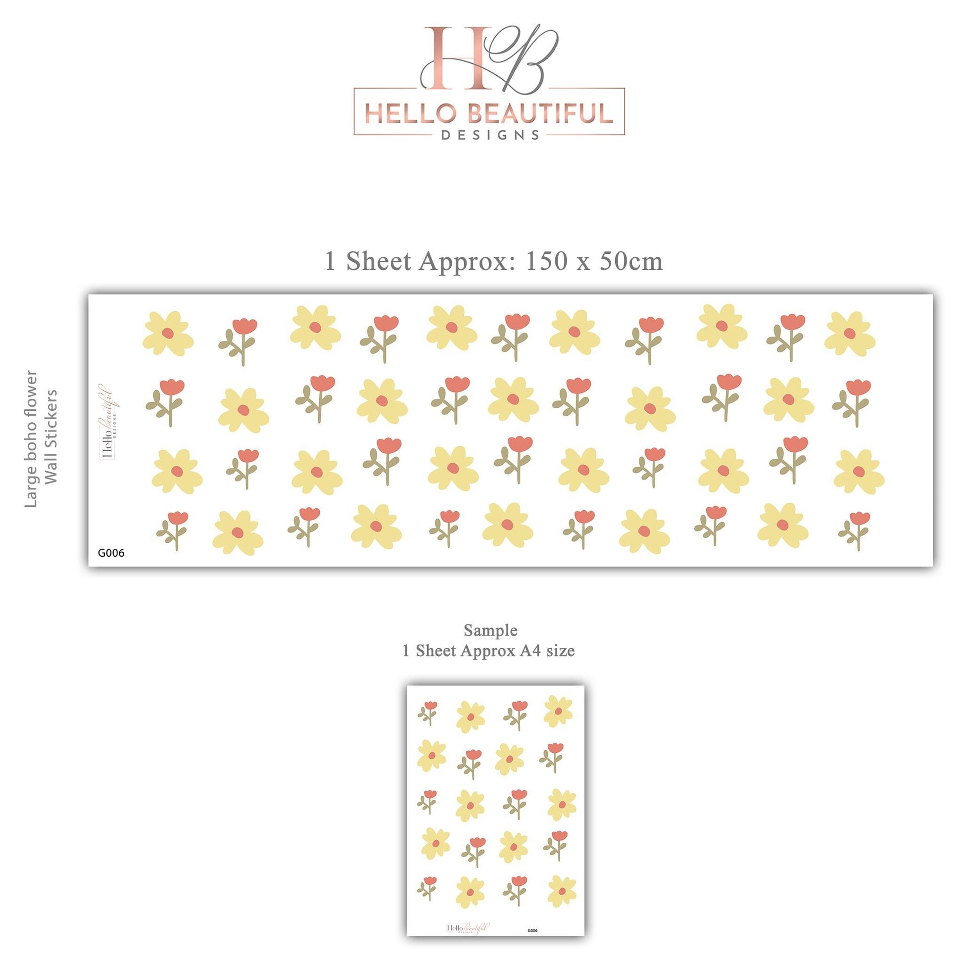 Yellow Flower Wall Decals for Nursery, Boho Floral Wall Stickers, Neutral Girls Bedroom Decor, Peel and Stick Nursery Decals