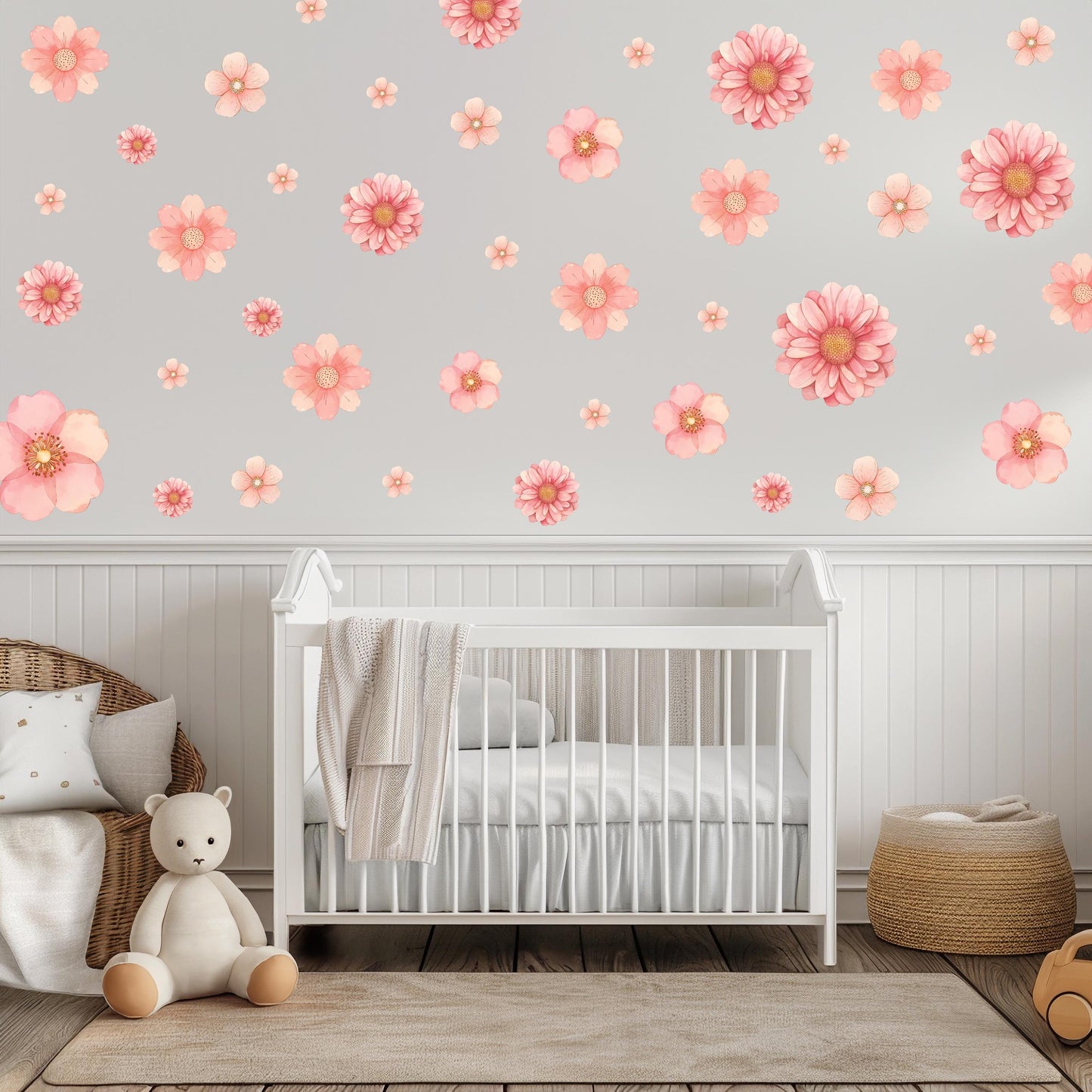 Pink Flower Wall Stickers, Floral Nursery Wall Decals, Boho Girls Bedroom Decor, Peel and Stick Flowers, Pink Nursery Decor