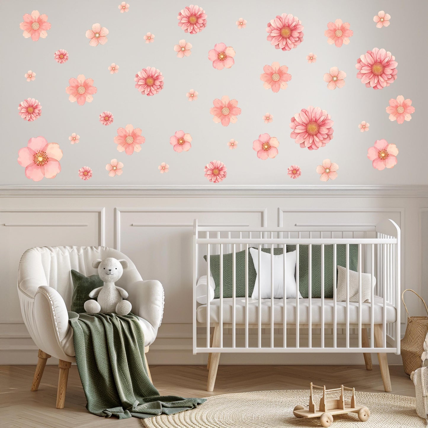 Pink Flower Wall Stickers, Floral Nursery Wall Decals, Boho Girls Bedroom Decor, Peel and Stick Flowers, Pink Nursery Decor