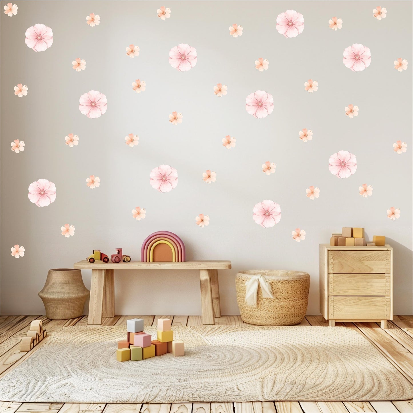 Pink Floral Wall Stickers, Boho Nursery Wall Decals, Peel and Stick Flowers, Girls Bedroom Decor, Soft Pink Nursery Decor