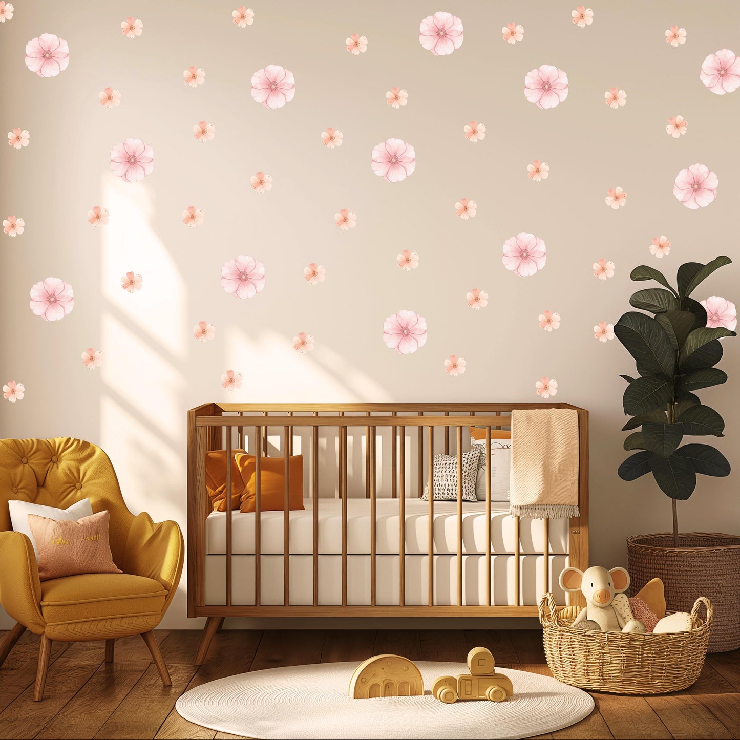 Pink Floral Wall Stickers, Boho Nursery Wall Decals, Peel and Stick Flowers, Girls Bedroom Decor, Soft Pink Nursery Decor