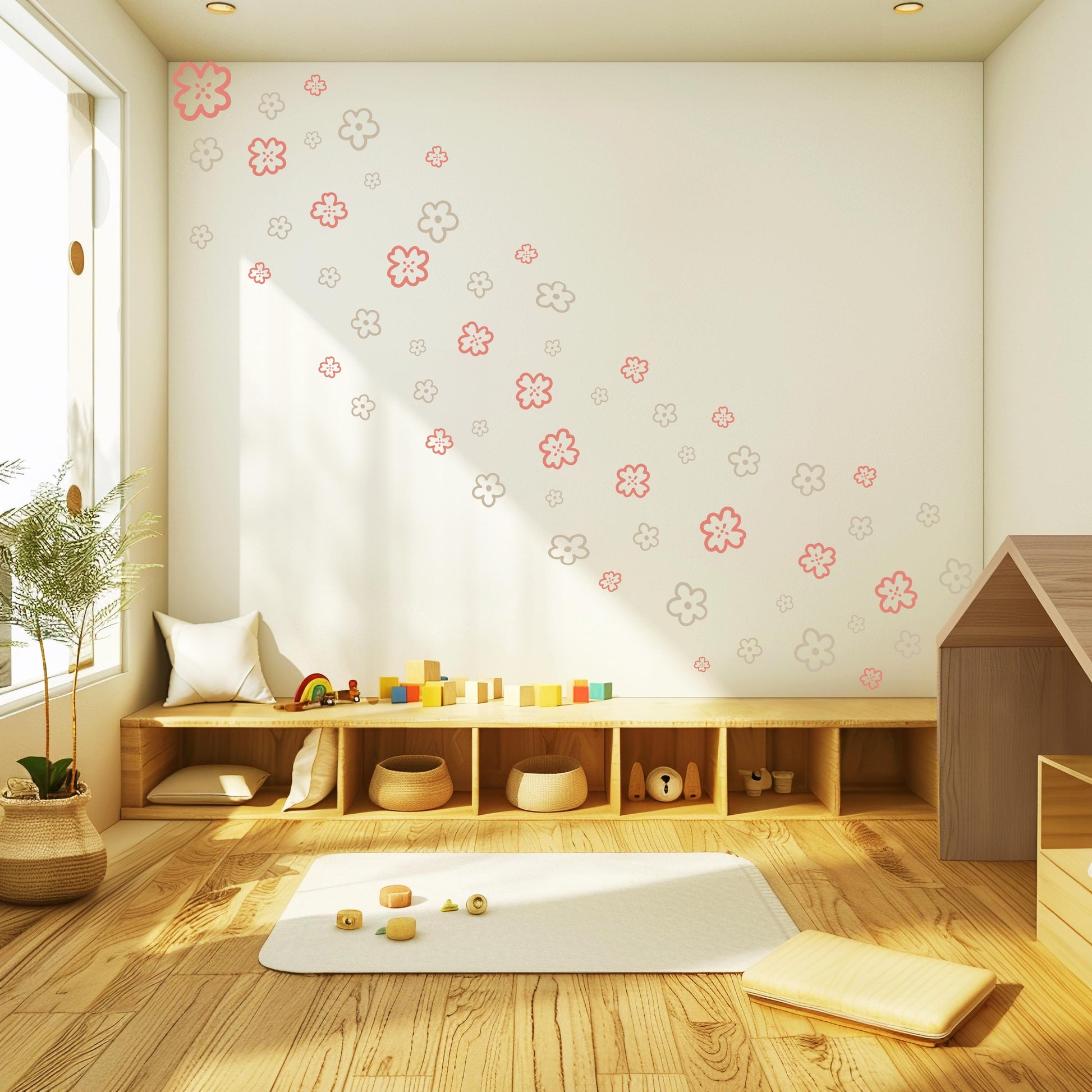 Pink Boho Flower Wall Stickers, Floral Nursery Wall Decals, Girls Bedroom Decor, Peel and Stick Flowers, Neutral Nursery Decor