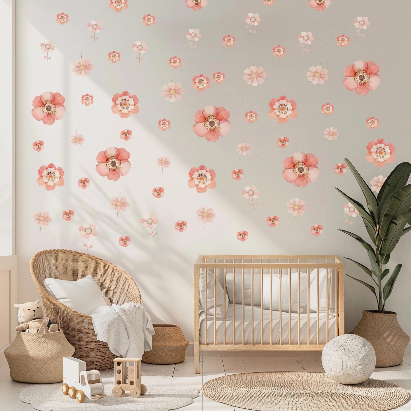 Pink Floral Wall Stickers, Boho Nursery Wall Decals, Girls Bedroom Decor, Flower Nursery Stickers, Peel and Stick Flowers