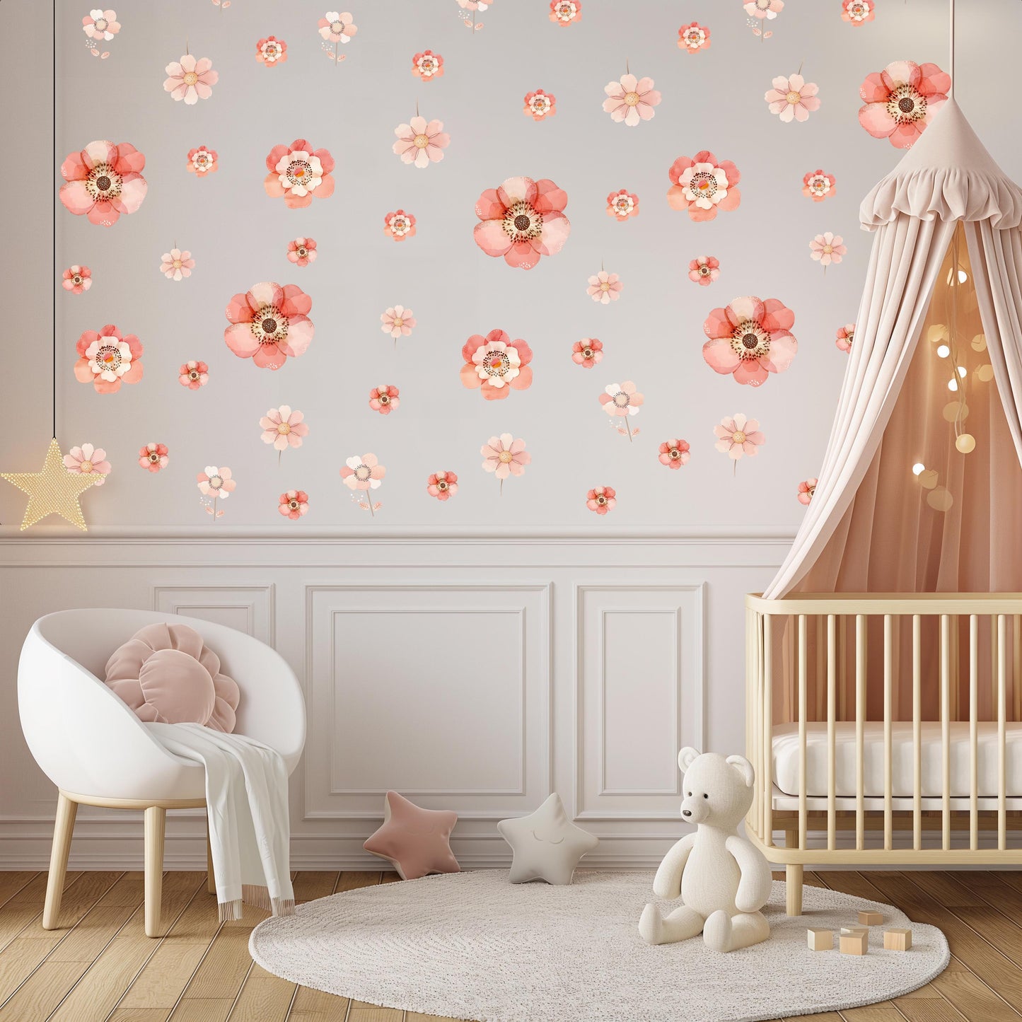 Pink Floral Wall Stickers, Boho Nursery Wall Decals, Girls Bedroom Decor, Flower Nursery Stickers, Peel and Stick Flowers