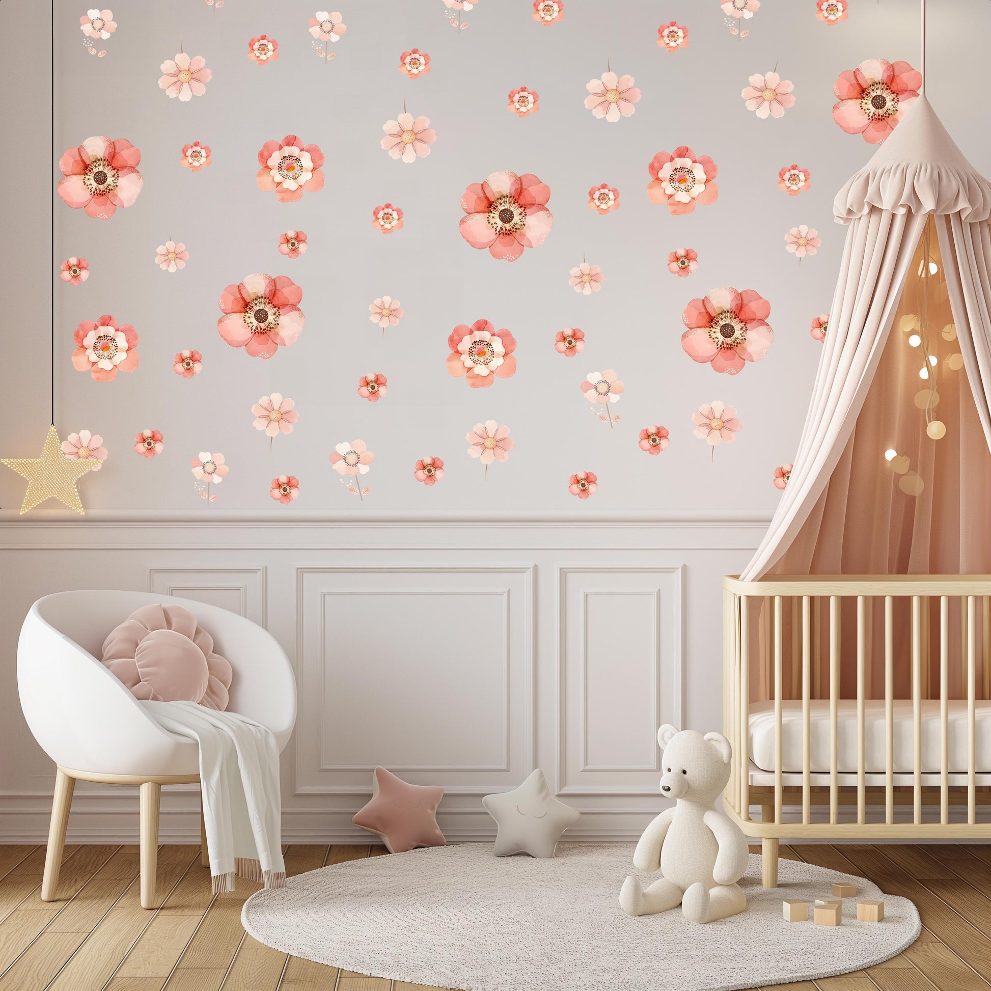 Pink Floral Wall Stickers, Boho Nursery Wall Decals, Girls Bedroom Decor, Flower Nursery Stickers, Peel and Stick Flowers
