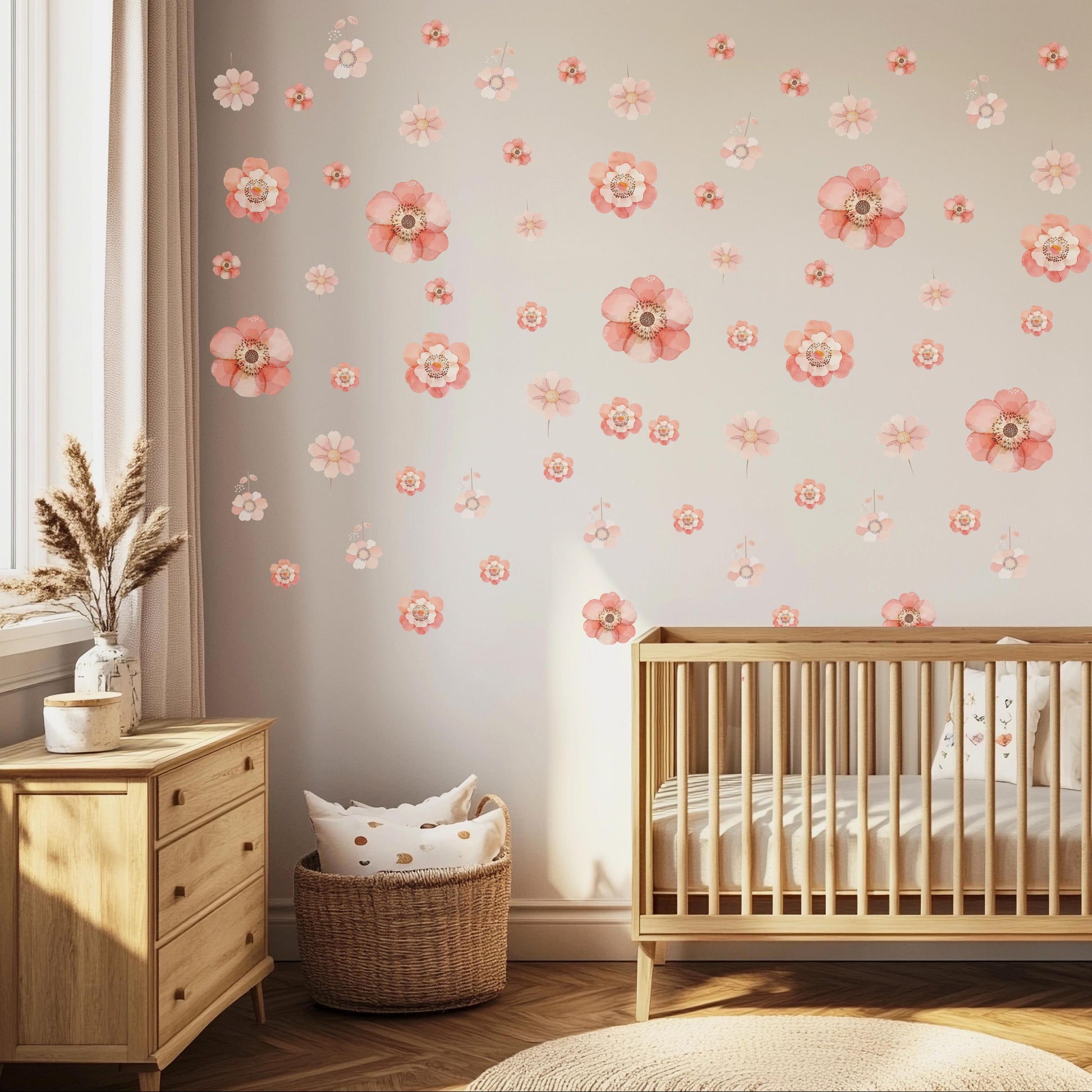 Pink Floral Wall Stickers, Boho Nursery Wall Decals, Girls Bedroom Decor, Flower Nursery Stickers, Peel and Stick Flowers