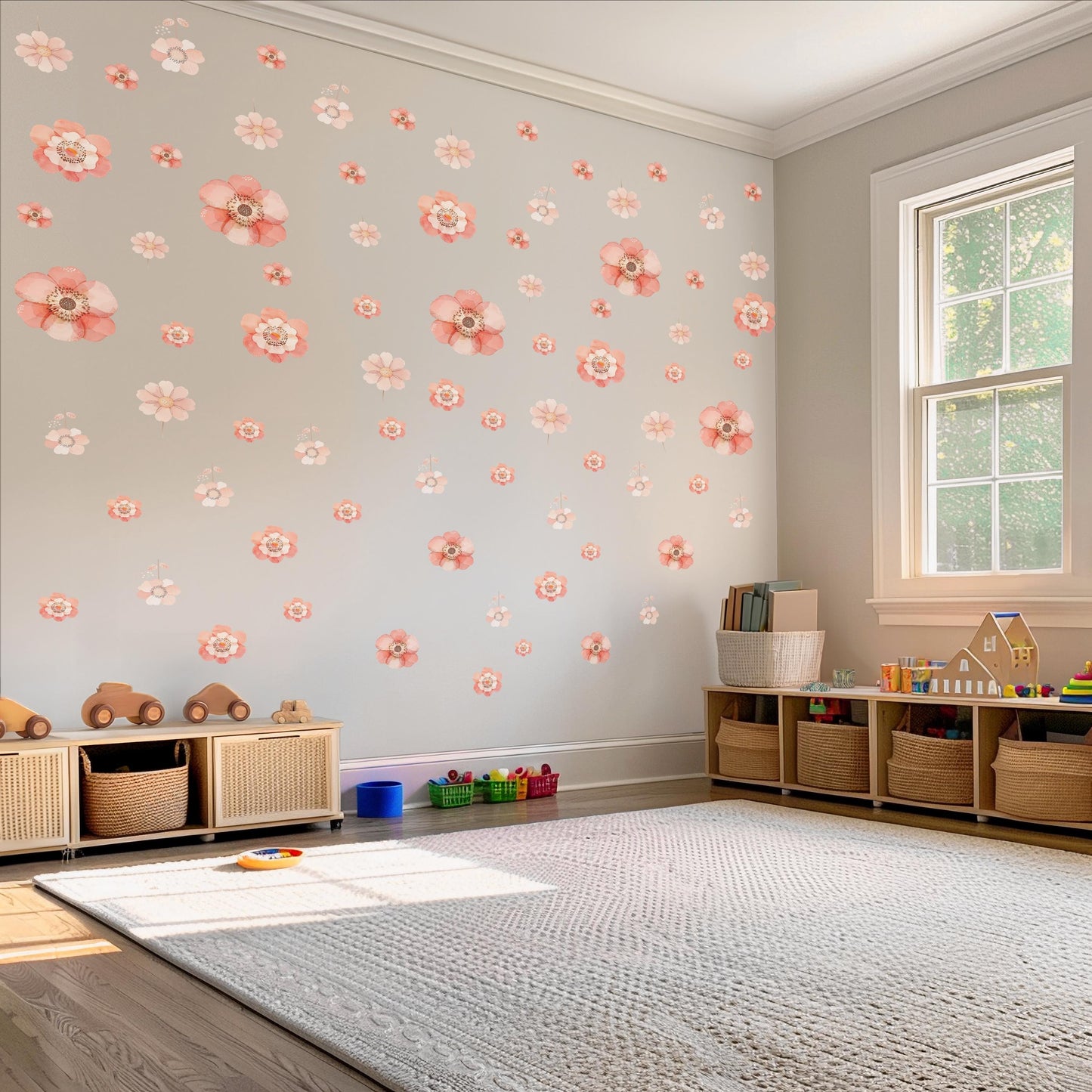 Pink Floral Wall Stickers, Boho Nursery Wall Decals, Girls Bedroom Decor, Flower Nursery Stickers, Peel and Stick Flowers
