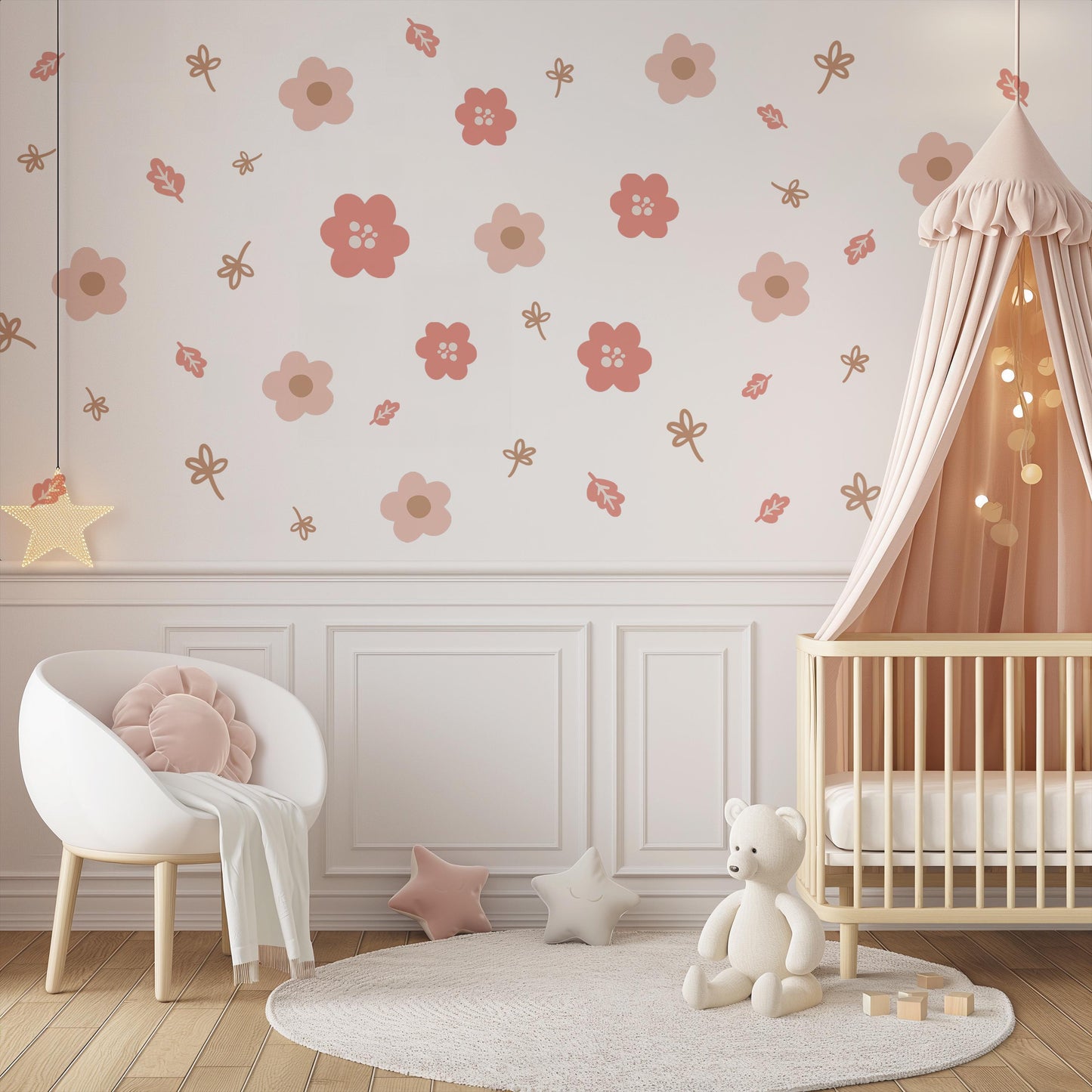 Boho Flower Wall Stickers, Pink Nursery Wall Decals, Floral Kids Room Decor, Peel and Stick Flowers, Girls Bedroom Stickers