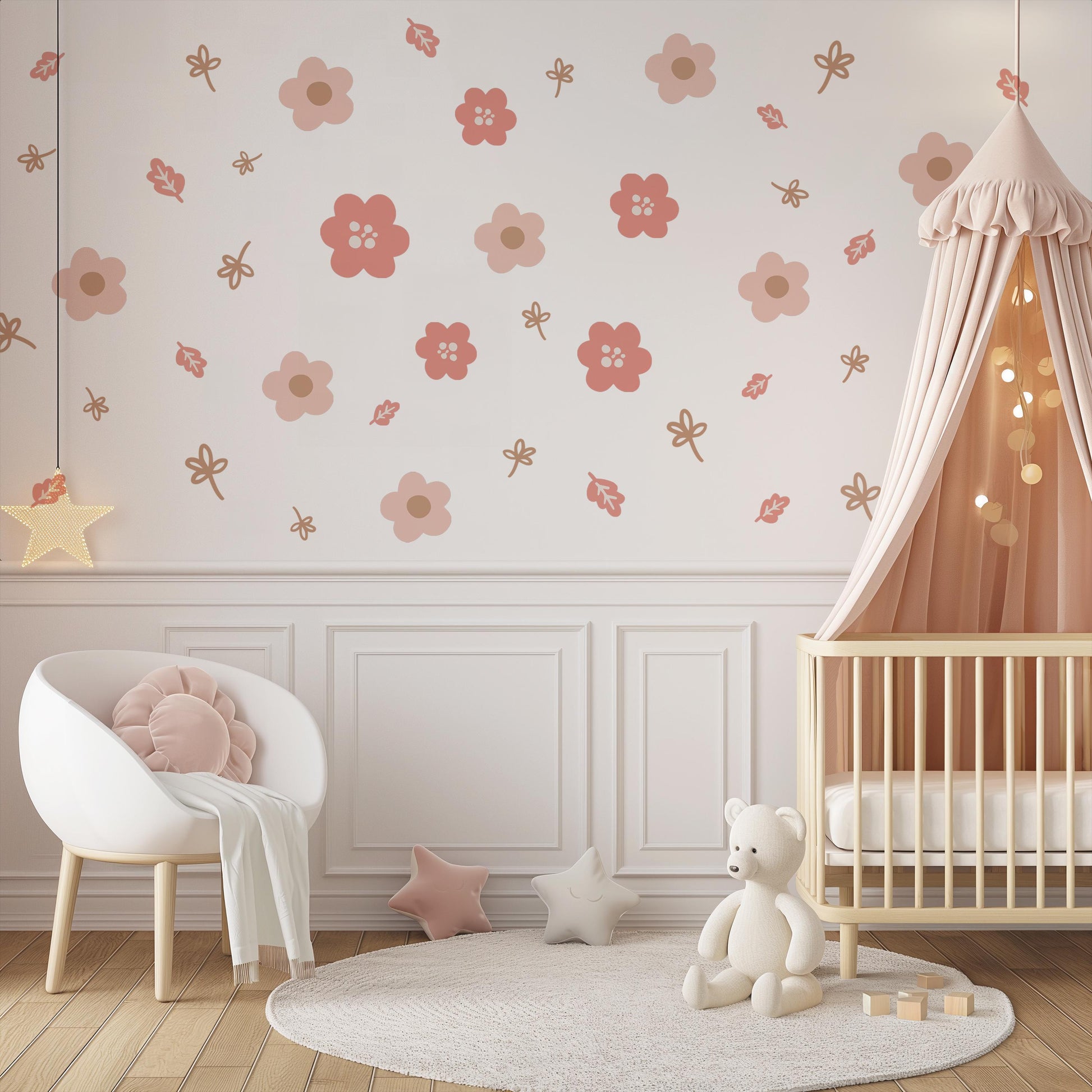 Boho Flower Wall Stickers, Pink Nursery Wall Decals, Floral Kids Room Decor, Peel and Stick Flowers, Girls Bedroom Stickers