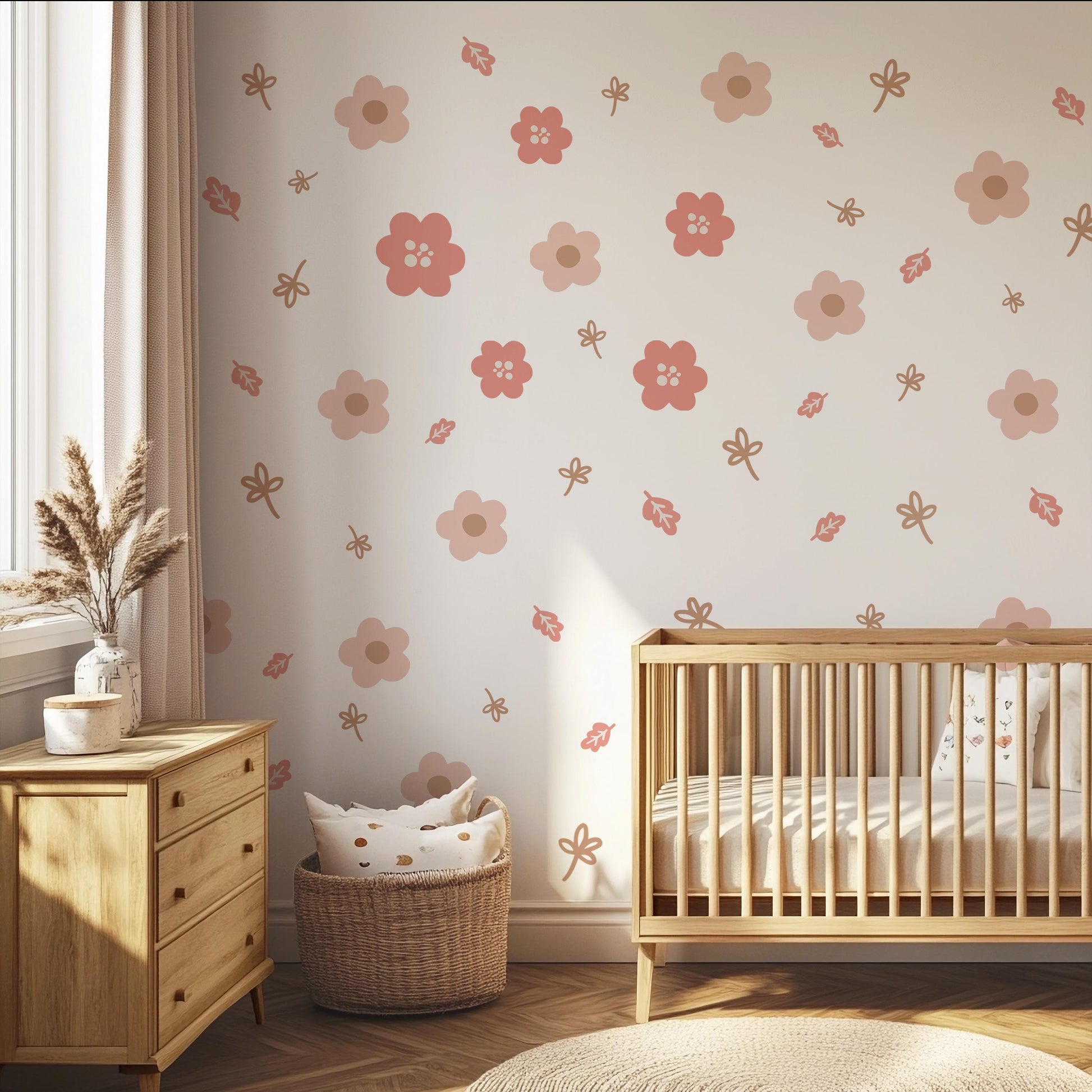 Boho Flower Wall Stickers, Pink Nursery Wall Decals, Floral Kids Room Decor, Peel and Stick Flowers, Girls Bedroom Stickers