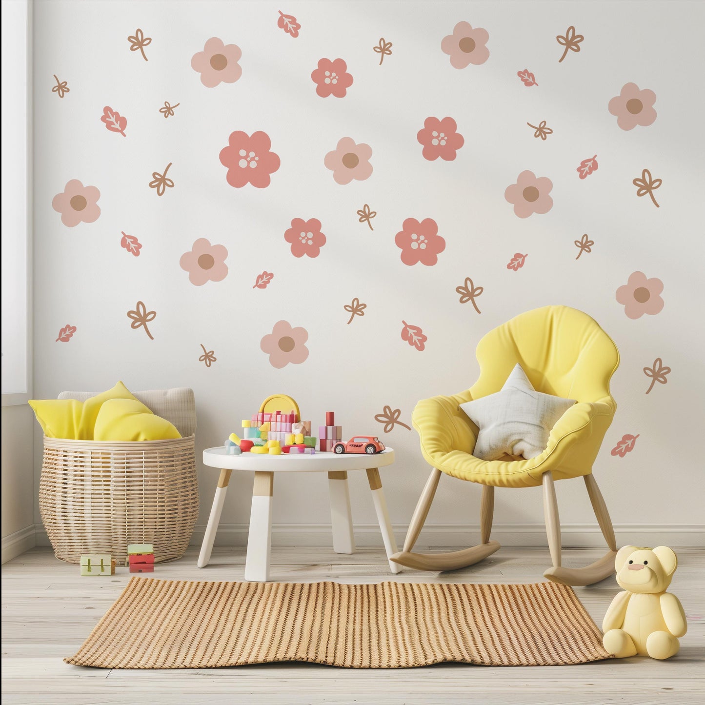Boho Flower Wall Stickers, Pink Nursery Wall Decals, Floral Kids Room Decor, Peel and Stick Flowers, Girls Bedroom Stickers