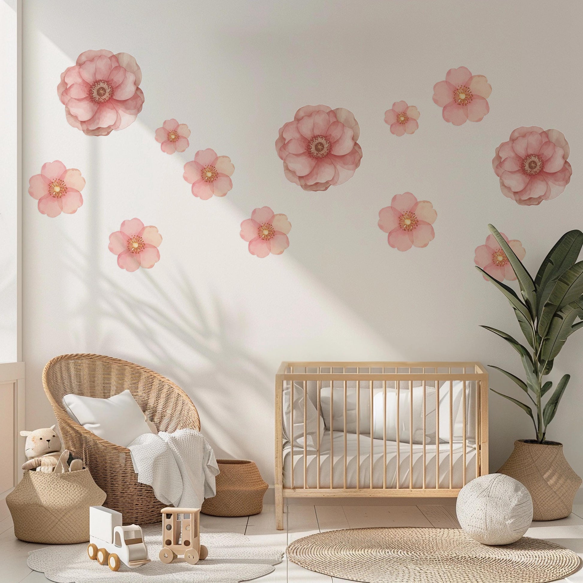 Pink Flower Wall Stickers, Floral Nursery Wall Decals, Boho Girls Bedroom Decor, Peel and Stick Flowers, Baby Room Wall Art