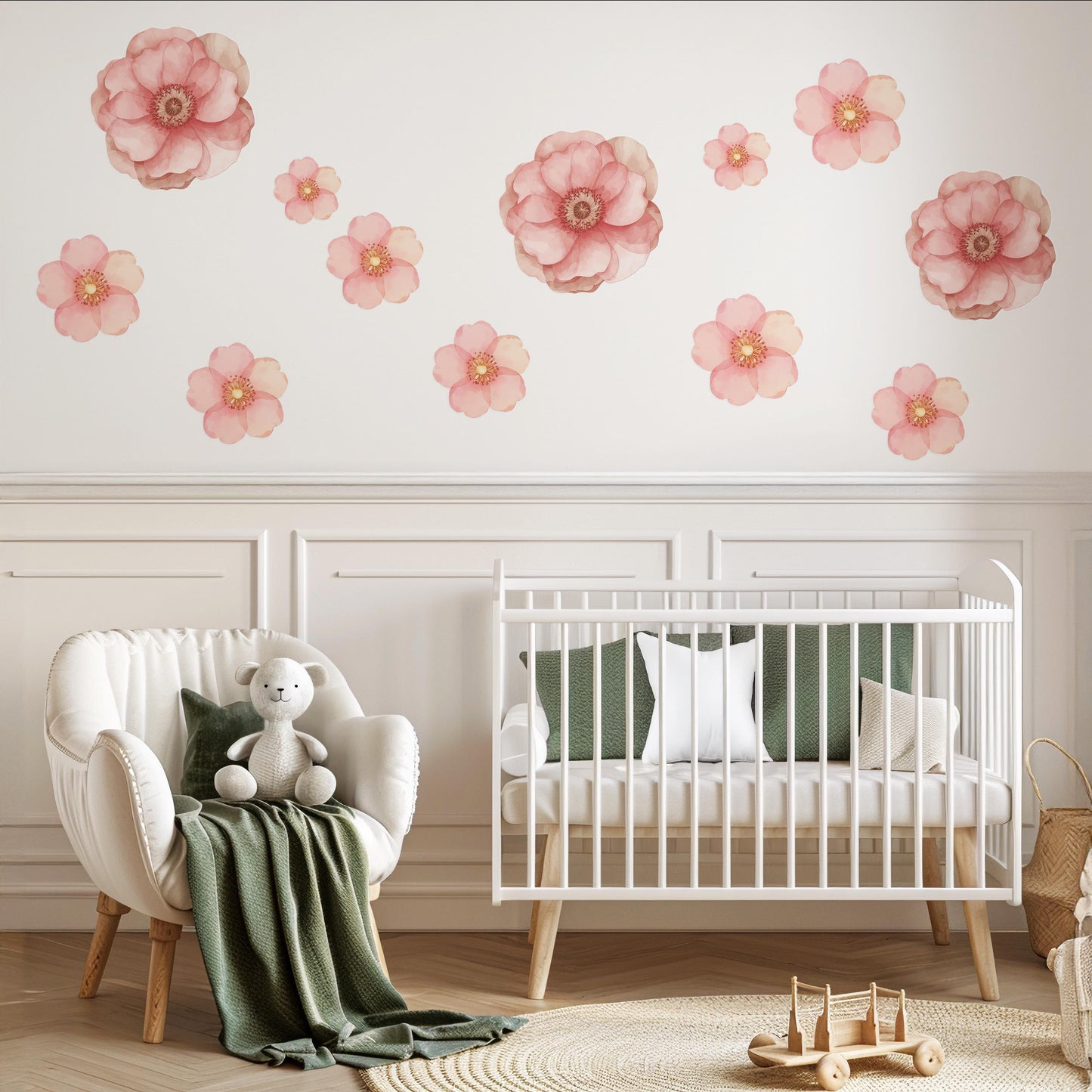 Pink Flower Wall Stickers, Floral Nursery Wall Decals, Boho Girls Bedroom Decor, Peel and Stick Flowers, Baby Room Wall Art