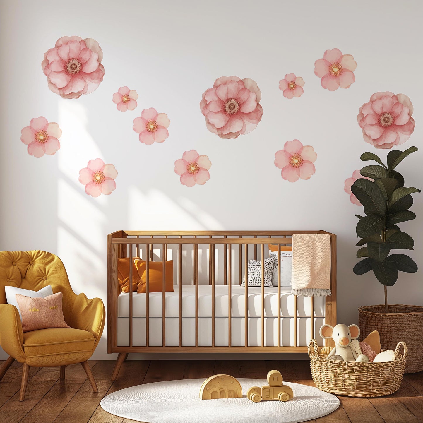 Pink Flower Wall Stickers, Floral Nursery Wall Decals, Boho Girls Bedroom Decor, Peel and Stick Flowers, Baby Room Wall Art