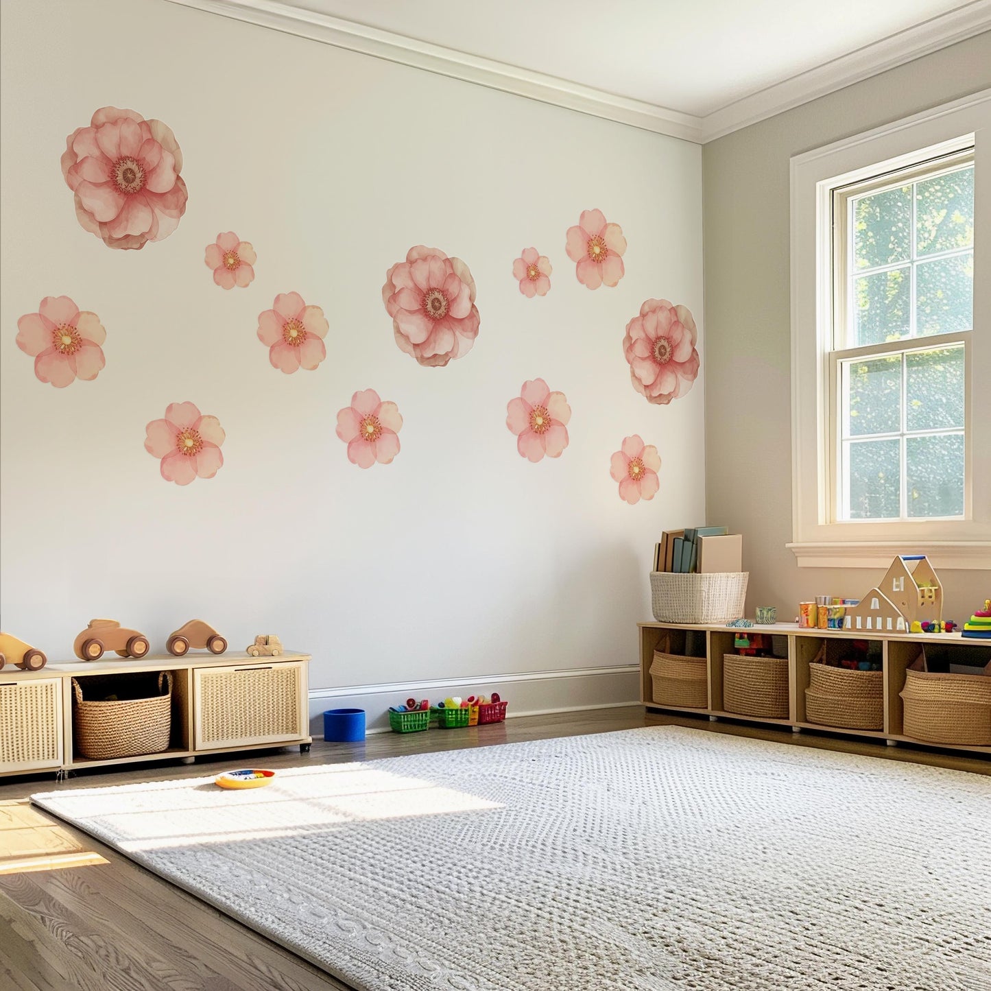 Pink Flower Wall Stickers, Floral Nursery Wall Decals, Boho Girls Bedroom Decor, Peel and Stick Flowers, Baby Room Wall Art