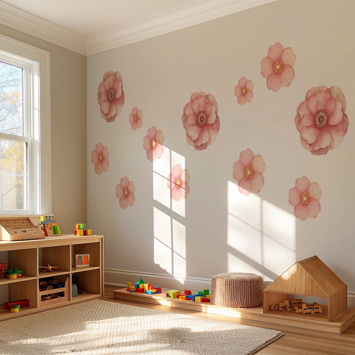 Pink Flower Wall Stickers, Floral Nursery Wall Decals, Boho Girls Bedroom Decor, Peel and Stick Flowers, Baby Room Wall Art