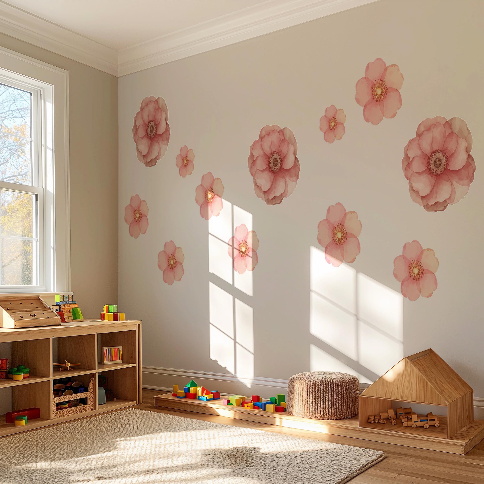 Pink Flower Wall Stickers, Floral Nursery Wall Decals, Boho Girls Bedroom Decor, Peel and Stick Flowers, Baby Room Wall Art