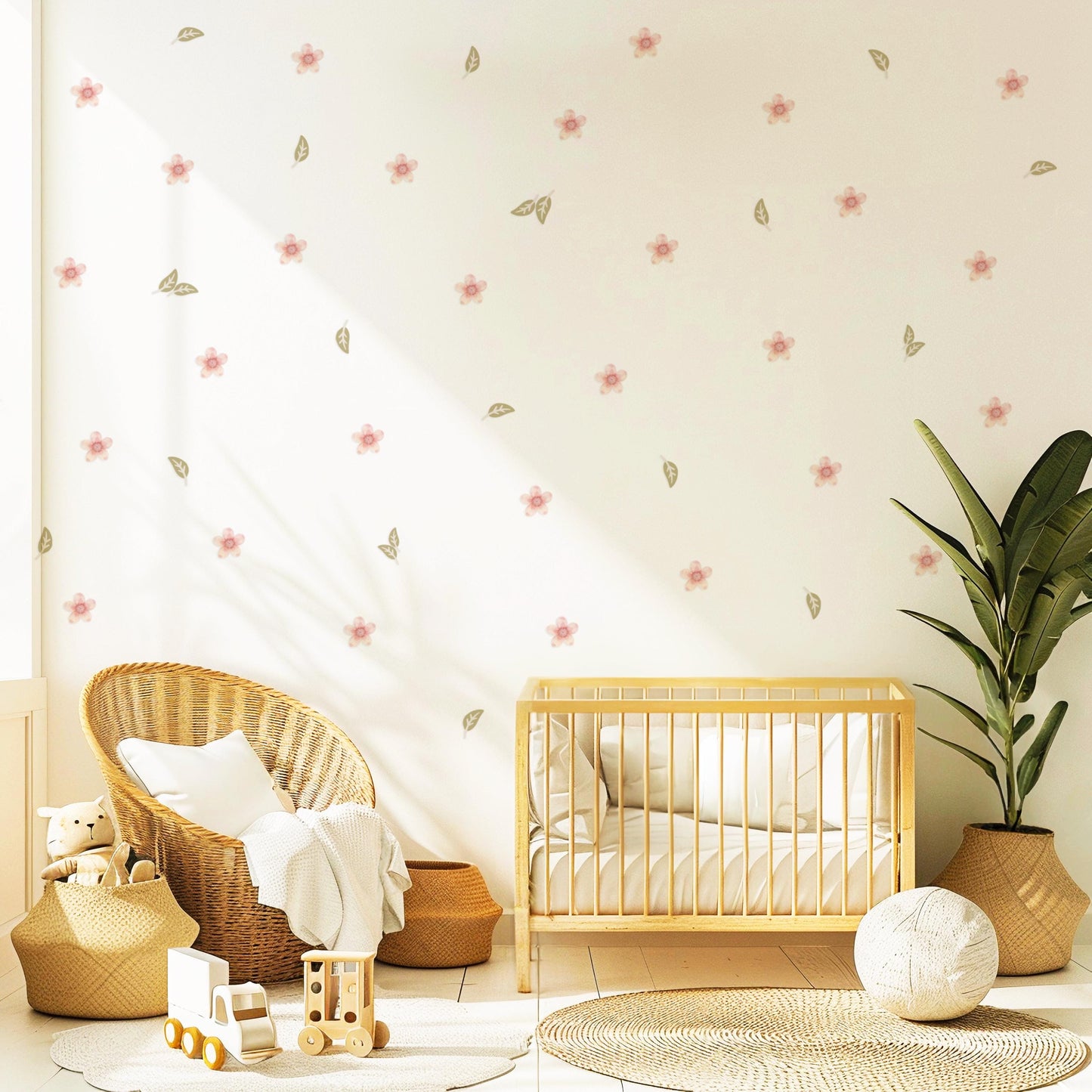 Pink Floral Wall Stickers for Girls Bedroom, Boho Nursery Wall Decals, Flower & Leaf Wall Decor, Neutral Nursery Stickers, Kids Room Decor