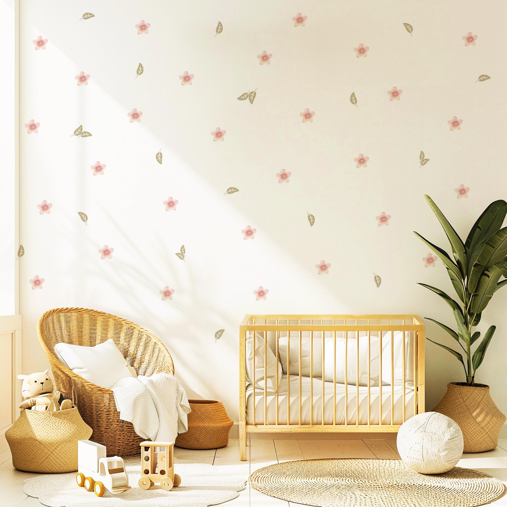 Pink Floral Wall Stickers for Girls Bedroom, Boho Nursery Wall Decals, Flower & Leaf Wall Decor, Neutral Nursery Stickers, Kids Room Decor