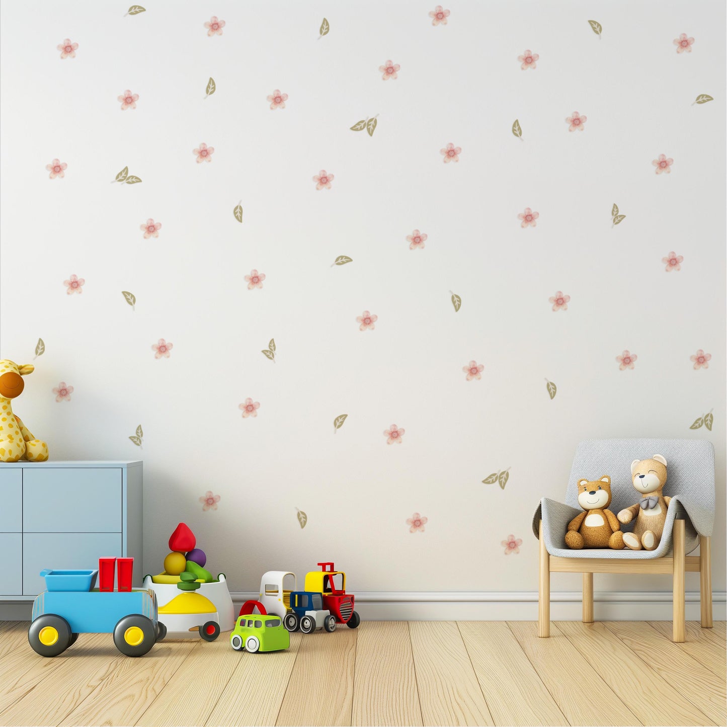 Pink Floral Wall Stickers for Girls Bedroom, Boho Nursery Wall Decals, Flower & Leaf Wall Decor, Neutral Nursery Stickers, Kids Room Decor