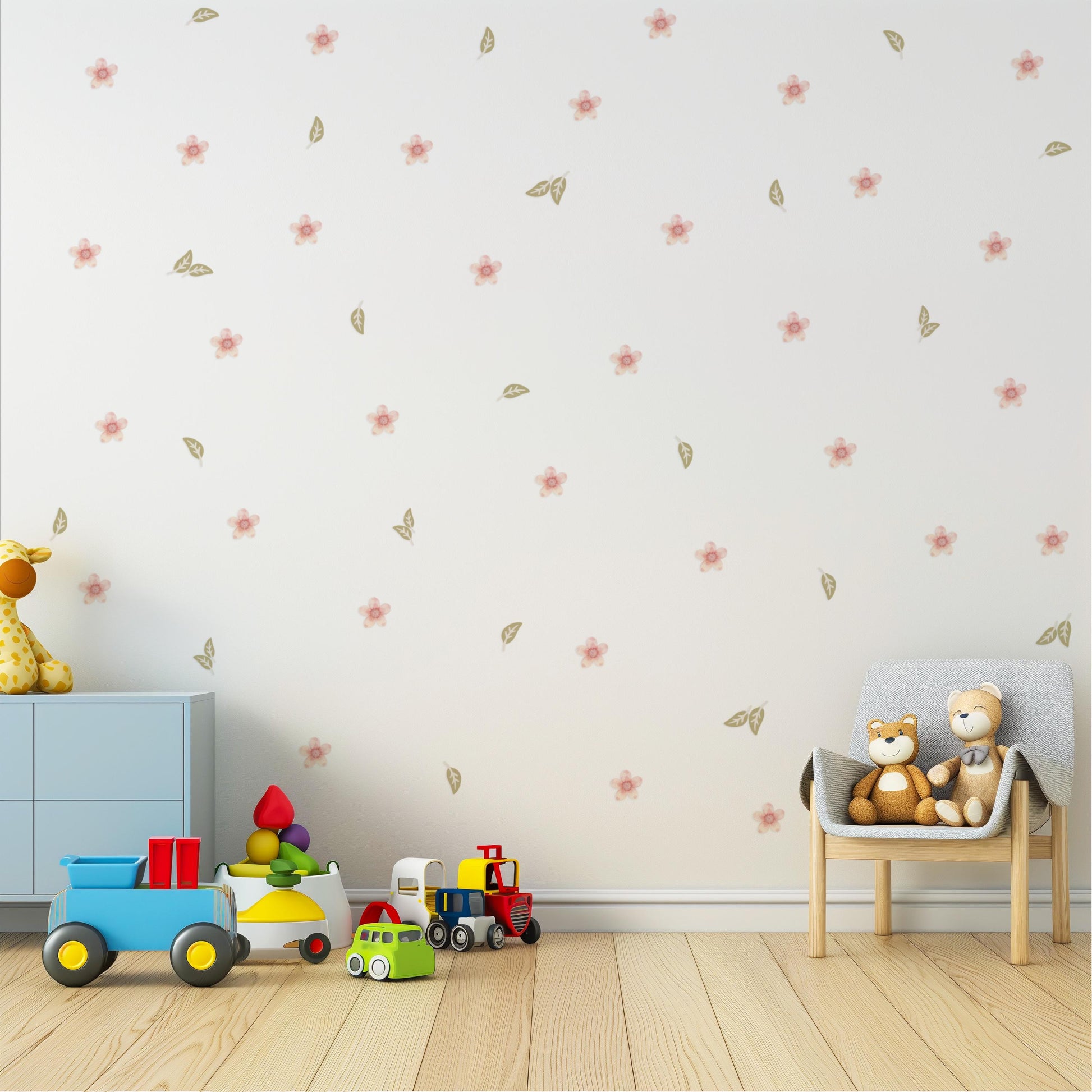 Pink Floral Wall Stickers for Girls Bedroom, Boho Nursery Wall Decals, Flower & Leaf Wall Decor, Neutral Nursery Stickers, Kids Room Decor