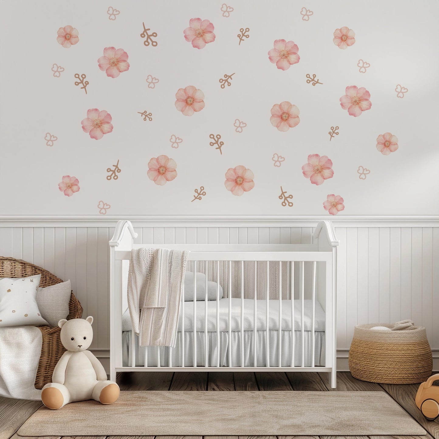 Pink Floral Wall Stickers for Girls Bedroom, Boho Nursery Wall Decals, Flower Wall Decor, Neutral Nursery Stickers, Peel and Stick Flowers
