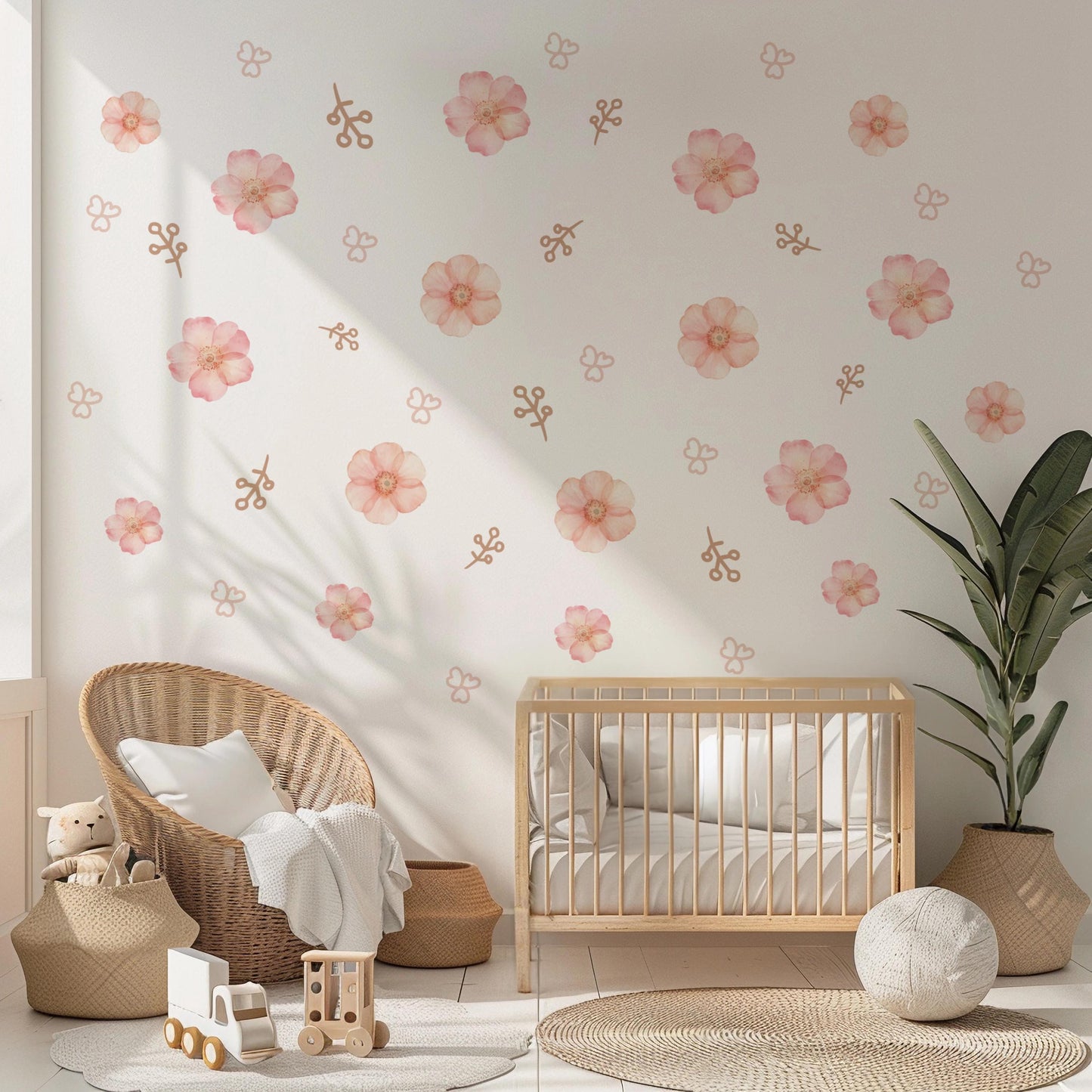 Pink Floral Wall Stickers for Girls Bedroom, Boho Nursery Wall Decals, Flower Wall Decor, Neutral Nursery Stickers, Peel and Stick Flowers