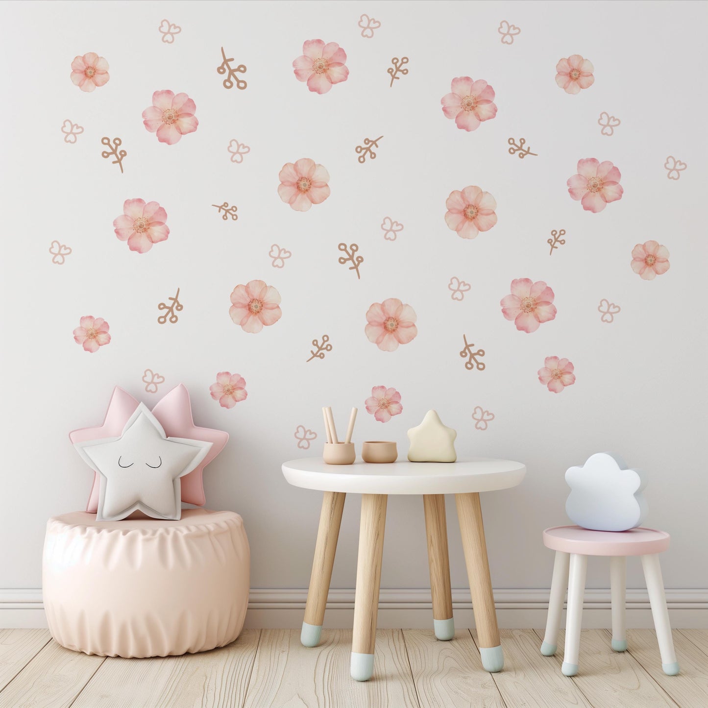 Pink Floral Wall Stickers for Girls Bedroom, Boho Nursery Wall Decals, Flower Wall Decor, Neutral Nursery Stickers, Peel and Stick Flowers