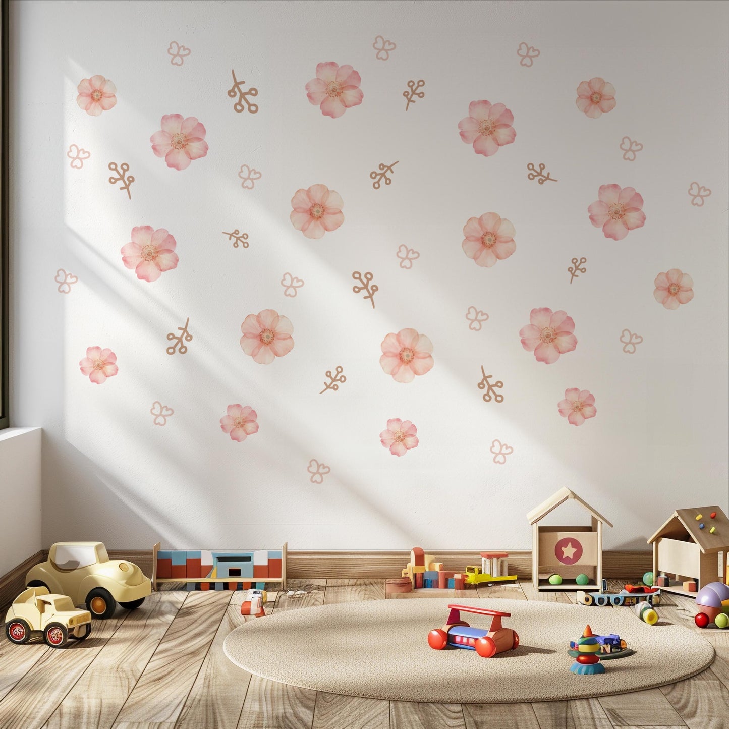 Pink Floral Wall Stickers for Girls Bedroom, Boho Nursery Wall Decals, Flower Wall Decor, Neutral Nursery Stickers, Peel and Stick Flowers