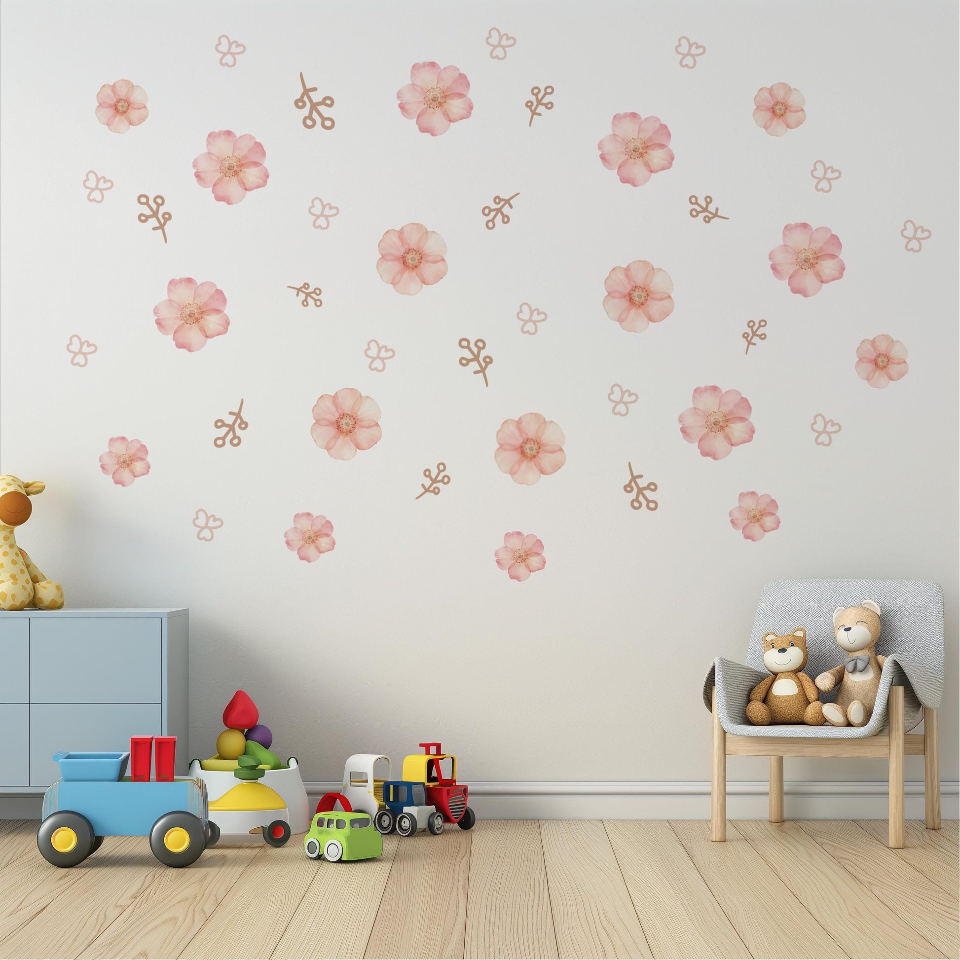 Pink Floral Wall Stickers for Girls Bedroom, Boho Nursery Wall Decals, Flower Wall Decor, Neutral Nursery Stickers, Peel and Stick Flowers
