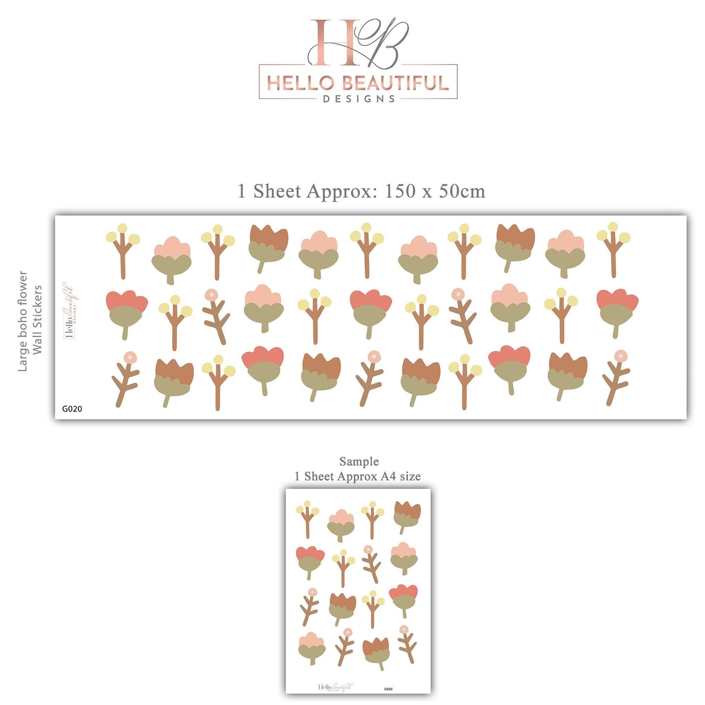 Boho Flower Wall Stickers for Nursery, Neutral Floral Wall Decals, Retro Flower Wall Decor, Baby Room Stickers, Scandinavian Nursery Decor