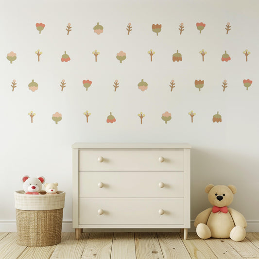 Boho Flower Wall Stickers for Nursery, Neutral Floral Wall Decals, Retro Flower Wall Decor, Baby Room Stickers, Scandinavian Nursery Decor