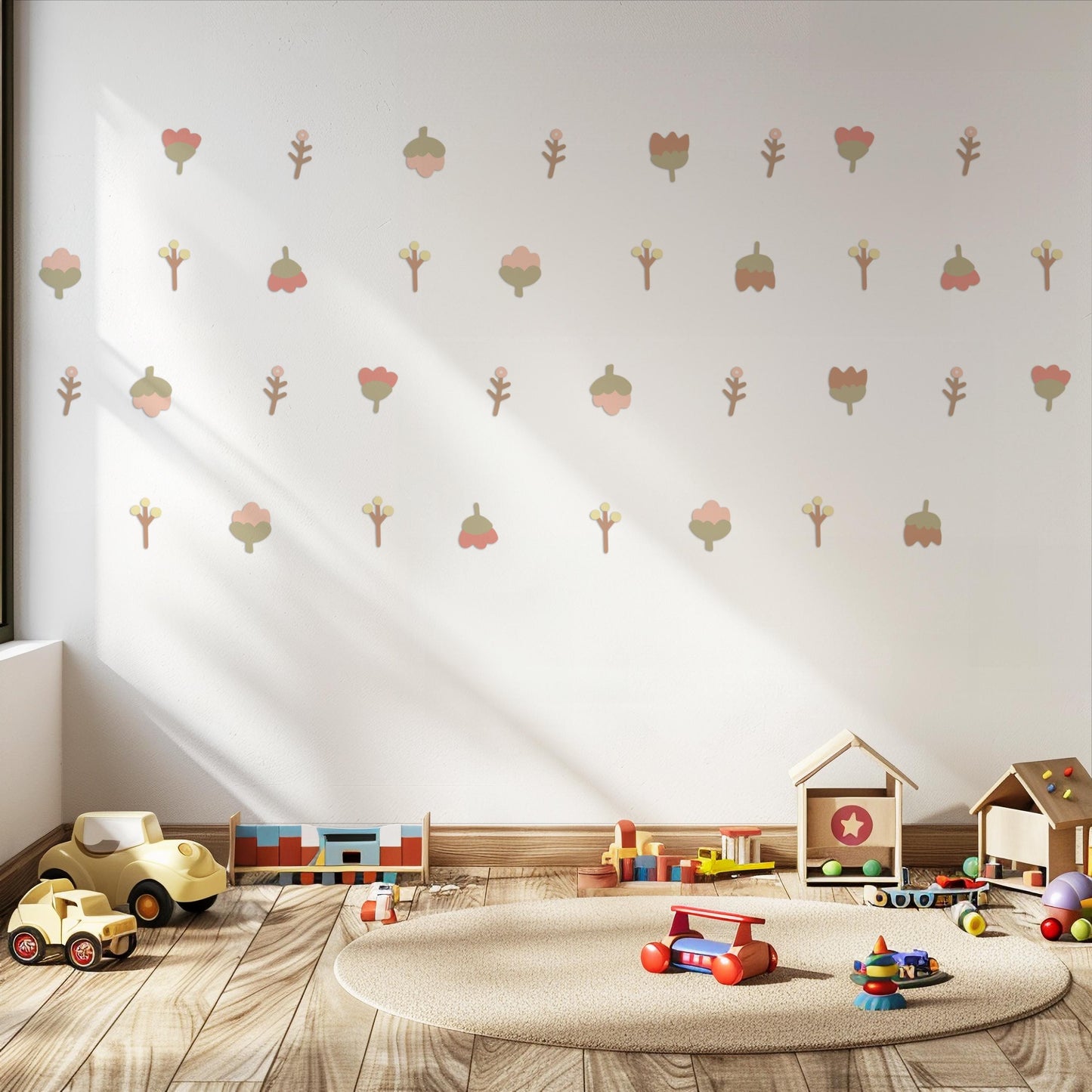 Boho Flower Wall Stickers for Nursery, Neutral Floral Wall Decals, Retro Flower Wall Decor, Baby Room Stickers, Scandinavian Nursery Decor