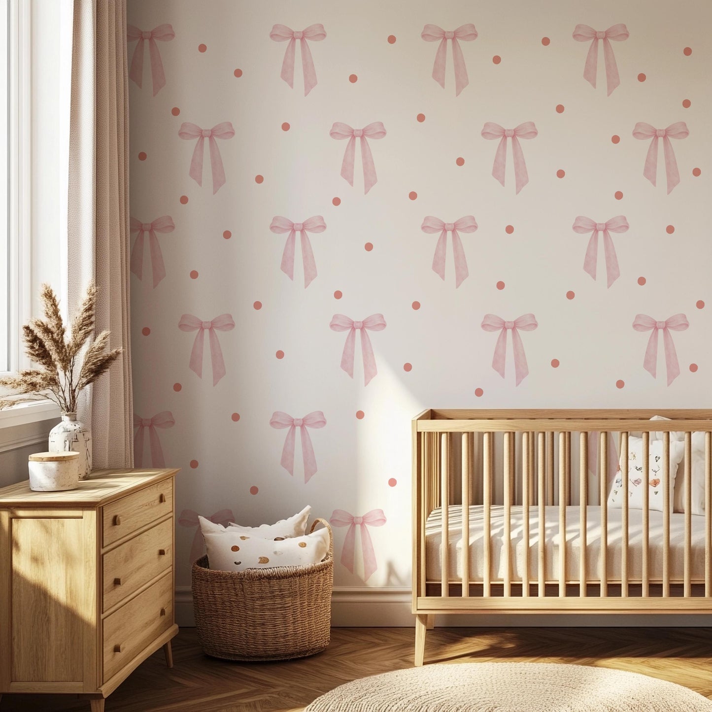 Pink Bow Wall Stickers with Polka Dots, Coquette Nursery Decor, Baby Girl Room Decals, Soft Pink Bow Wall Decals, Peel and Stick Nursery