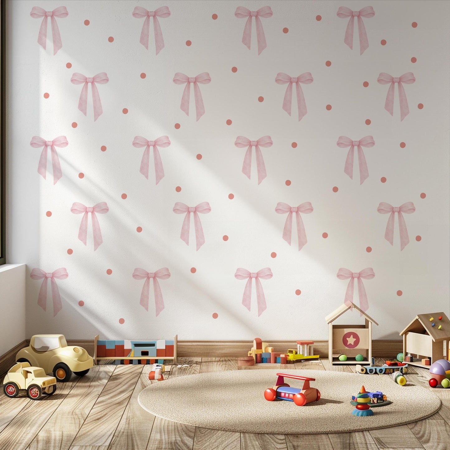 Pink Bow Wall Stickers with Polka Dots, Coquette Nursery Decor, Baby Girl Room Decals, Soft Pink Bow Wall Decals, Peel and Stick Nursery