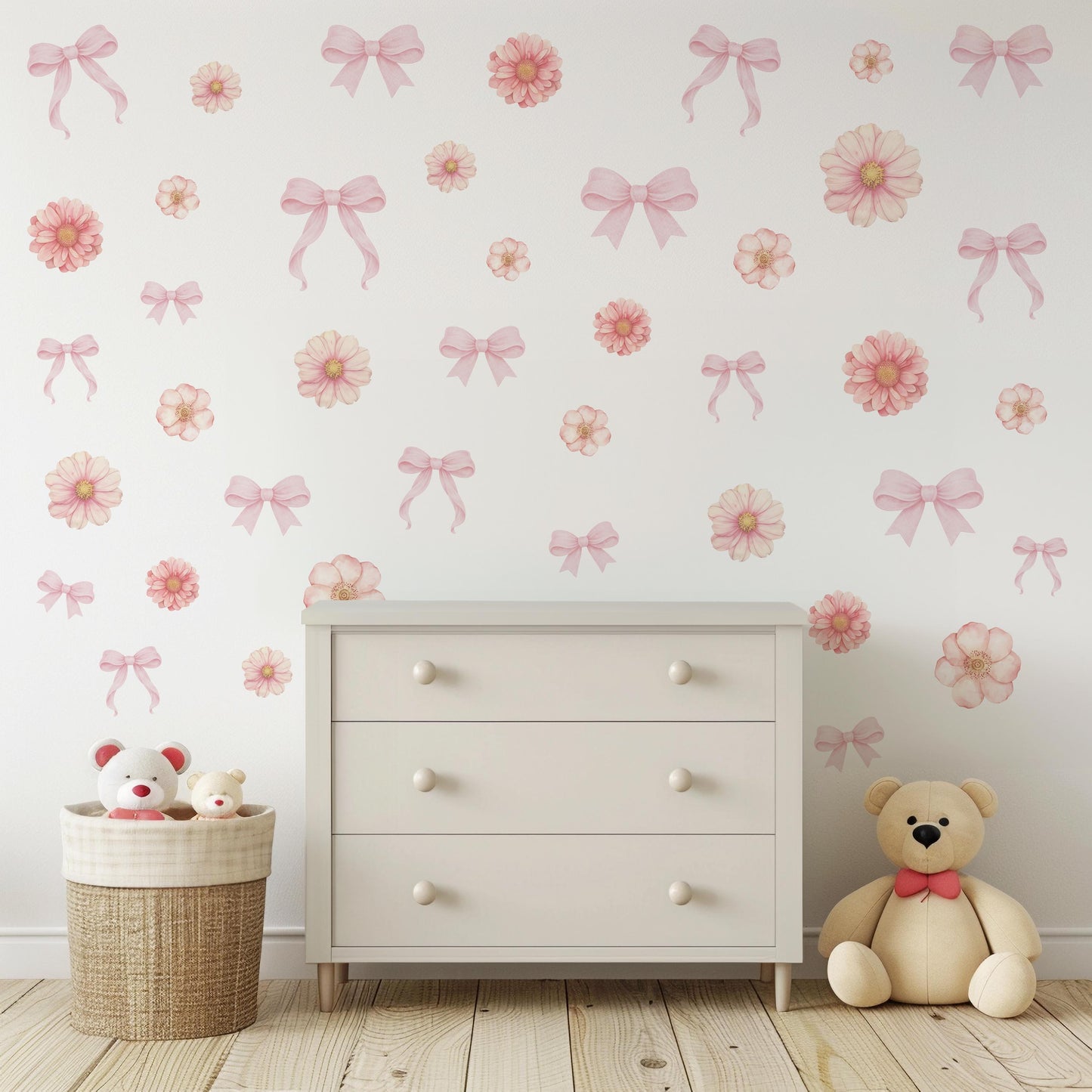Pink Floral Bow Wall Stickers, Coquette Nursery Decor, Baby Girl Room Decals, Watercolor Flower Wall Decals, Peel and Stick Nursery