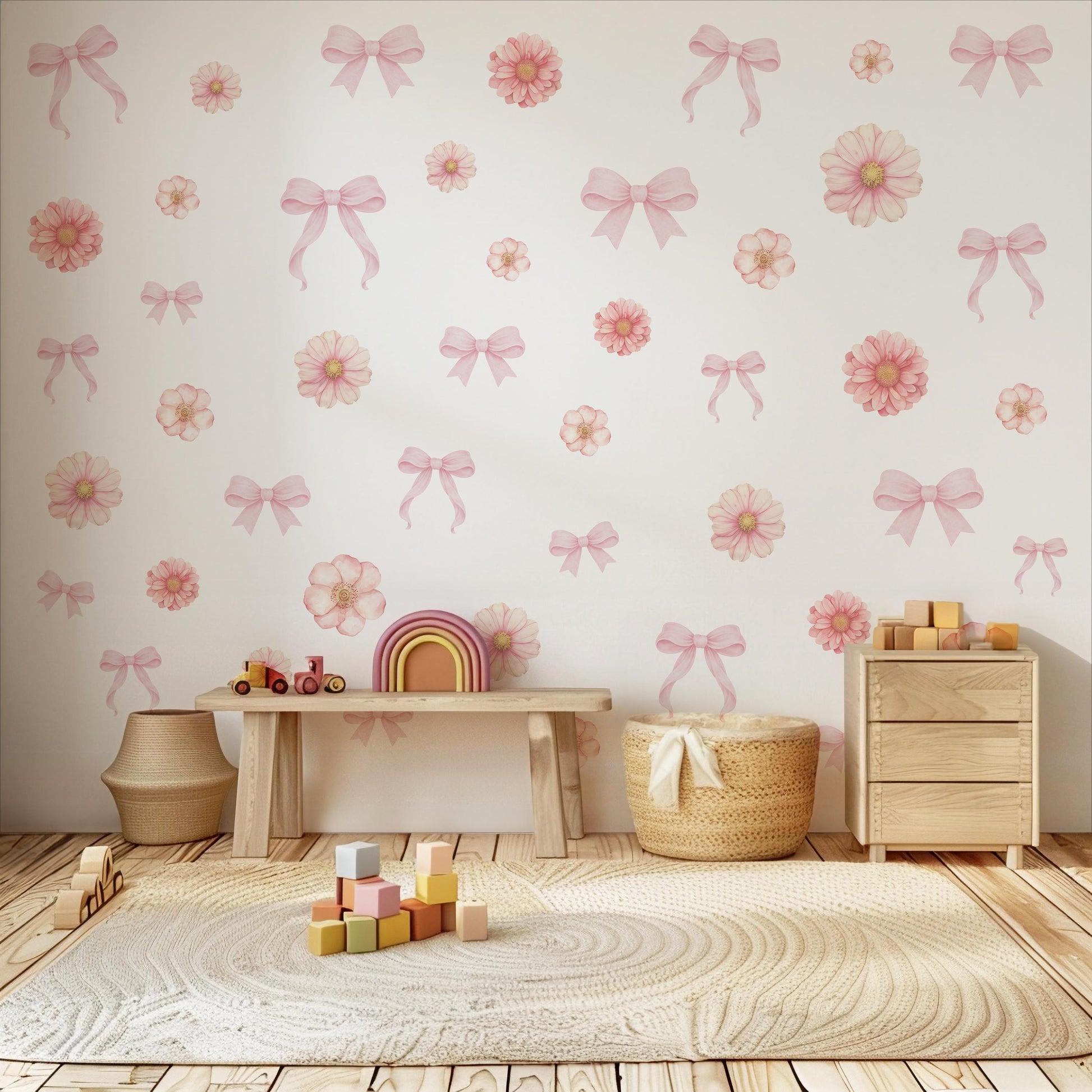 Pink Floral Bow Wall Stickers, Coquette Nursery Decor, Baby Girl Room Decals, Watercolor Flower Wall Decals, Peel and Stick Nursery