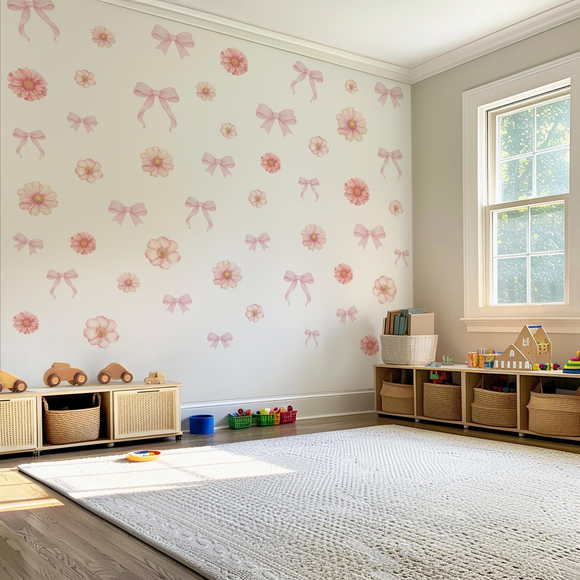 Pink Floral Bow Wall Stickers, Coquette Nursery Decor, Baby Girl Room Decals, Watercolor Flower Wall Decals, Peel and Stick Nursery