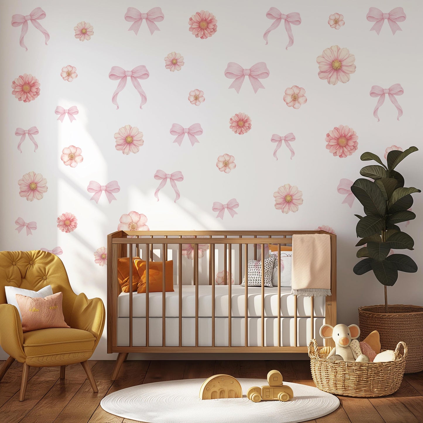 Pink Floral Bow Wall Stickers, Coquette Nursery Decor, Baby Girl Room Decals, Watercolor Flower Wall Decals, Peel and Stick Nursery