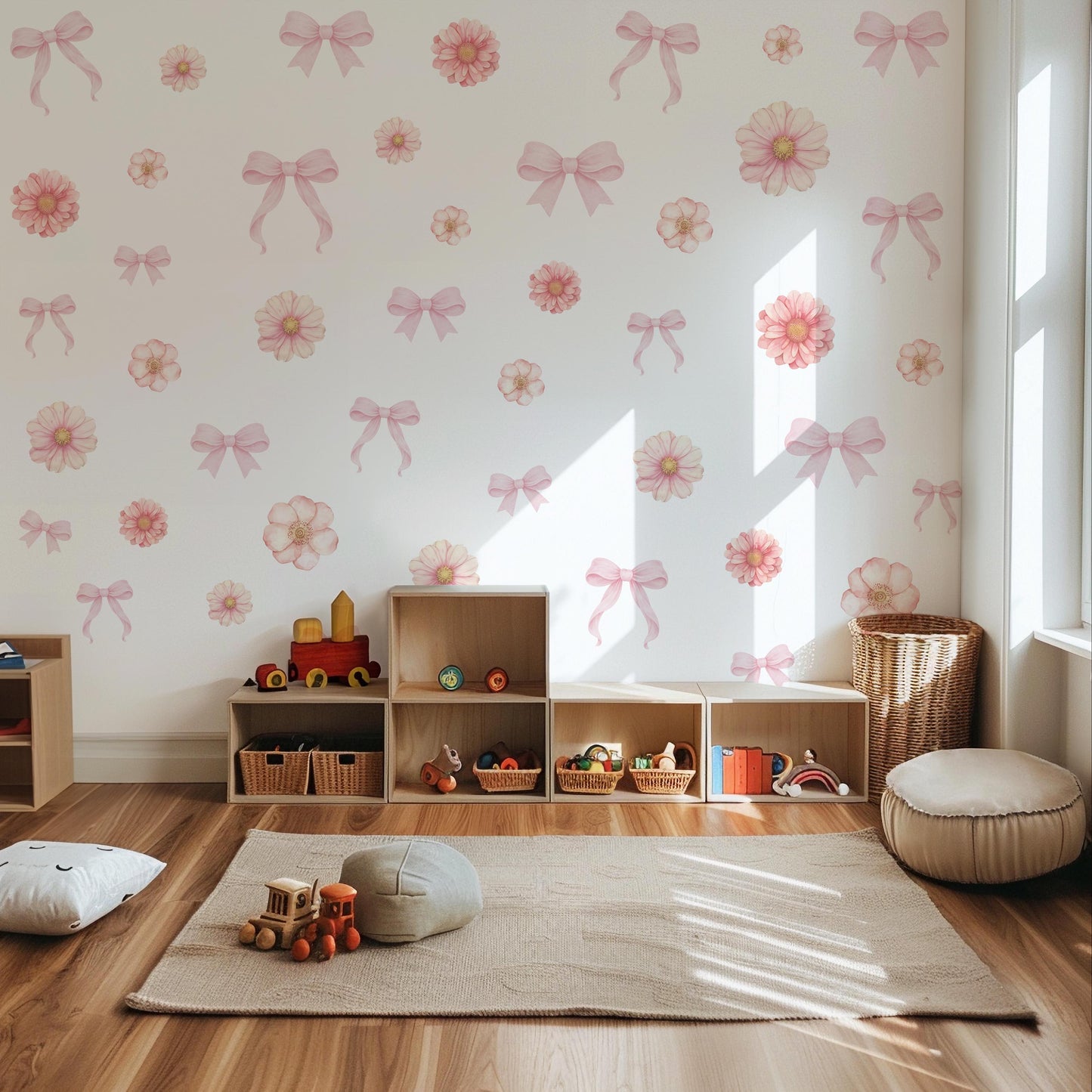 Pink Floral Bow Wall Stickers, Coquette Nursery Decor, Baby Girl Room Decals, Watercolor Flower Wall Decals, Peel and Stick Nursery