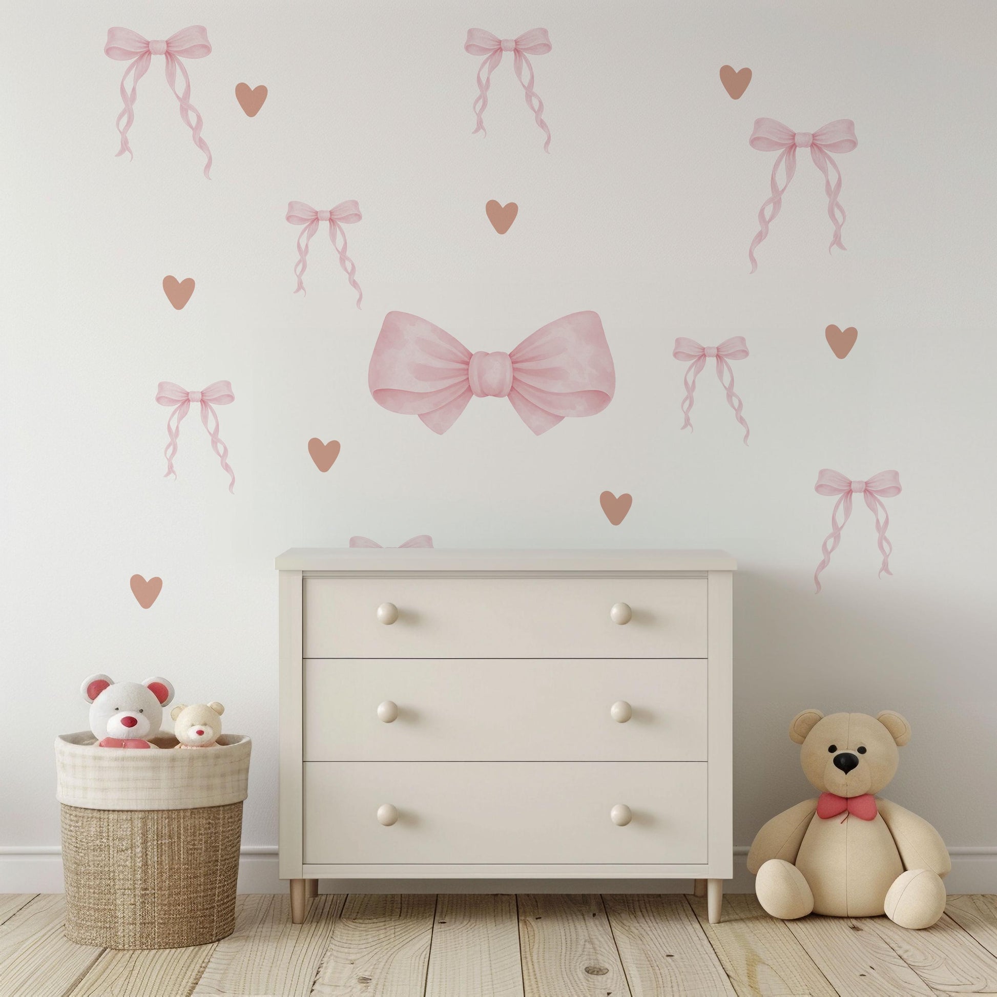 Pink Bow and Heart Wall Stickers, Coquette Nursery Decor, Baby Girl Wall Decals, Soft Pink Nursery Stickers, Peel and Stick Bow Decals