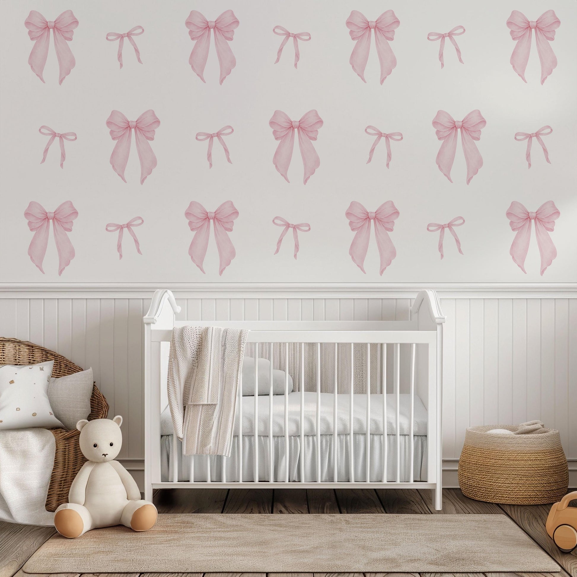 Pink Bow Wall Stickers for Girls Room, Coquette Nursery Decor, Soft Pink Bow Decals, Baby Girl Nursery Wall Stickers, Peel and Stick Decor