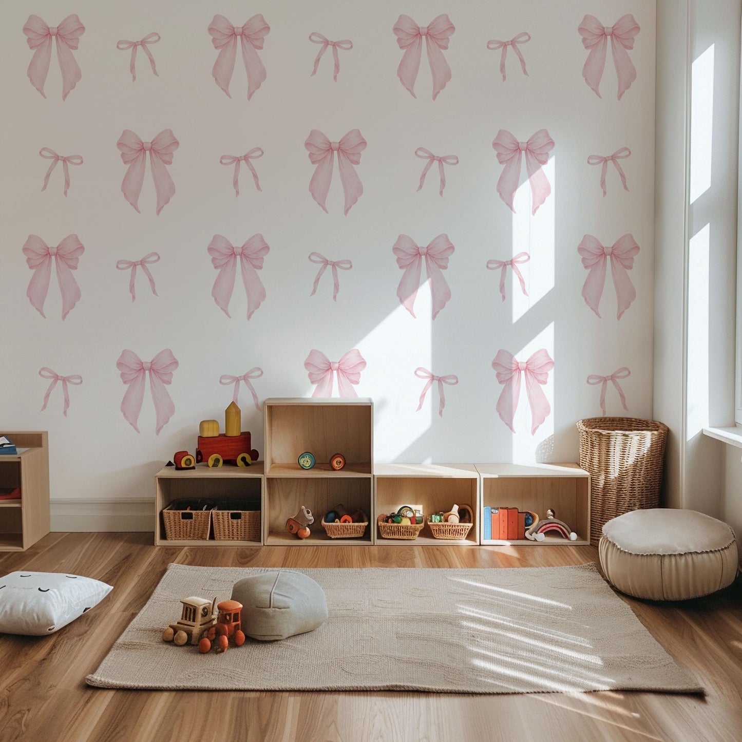 Pink Bow Wall Stickers for Girls Room, Coquette Nursery Decor, Soft Pink Bow Decals, Baby Girl Nursery Wall Stickers, Peel and Stick Decor