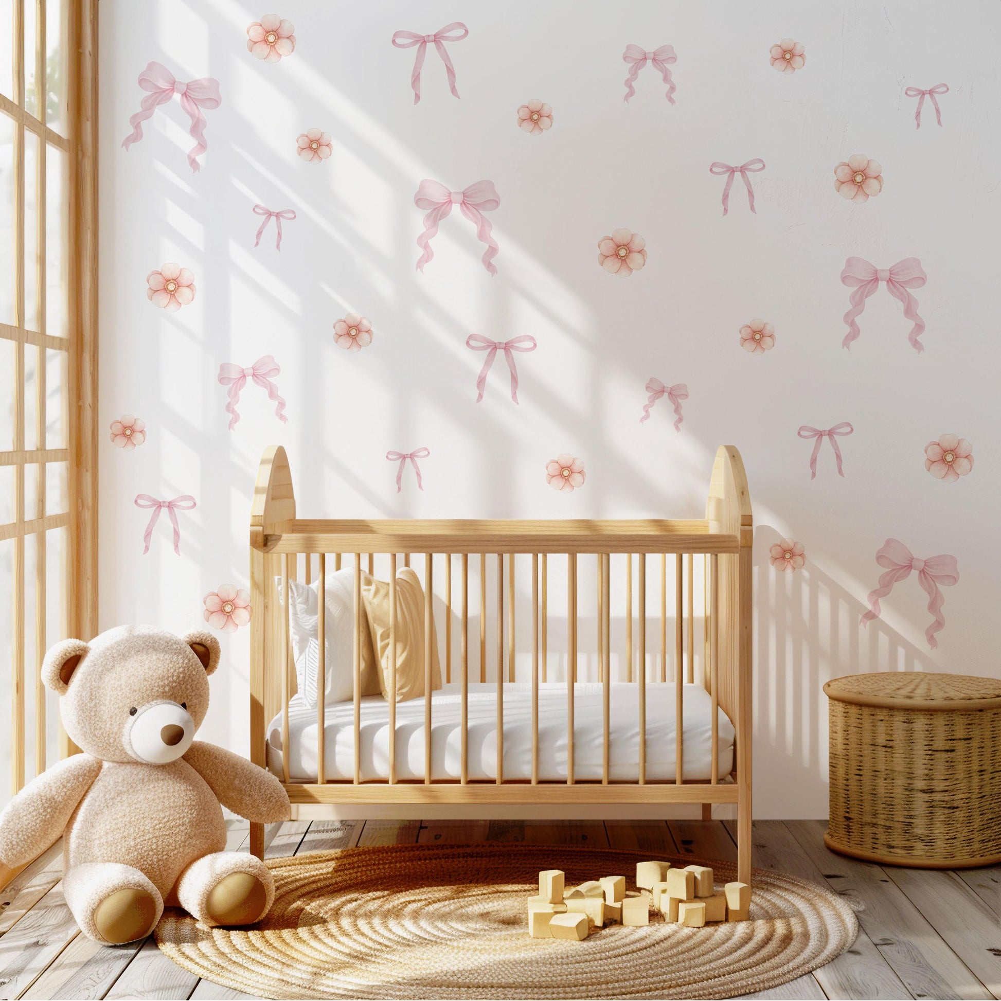 Pink Bow & Floral Wall Stickers, Coquette Nursery Decor, Baby Girl Room Decals, Peel and Stick Nursery Wall Art, Soft Pink Flower Decals